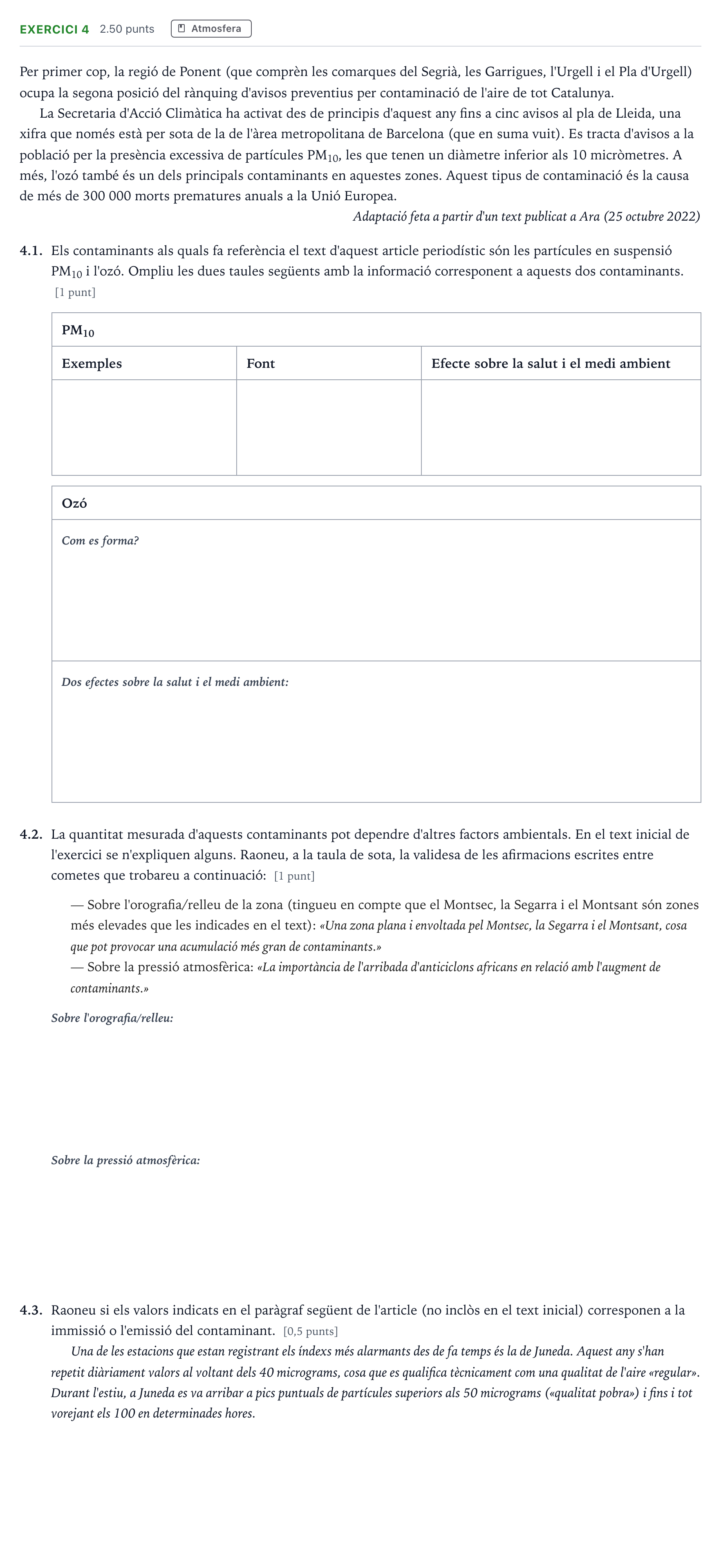 Enunciado: Exercici 4 · Ciencias de la Tierra y del Medio Ambiente Selectividad Cataluña Setembre Serie 3 2025