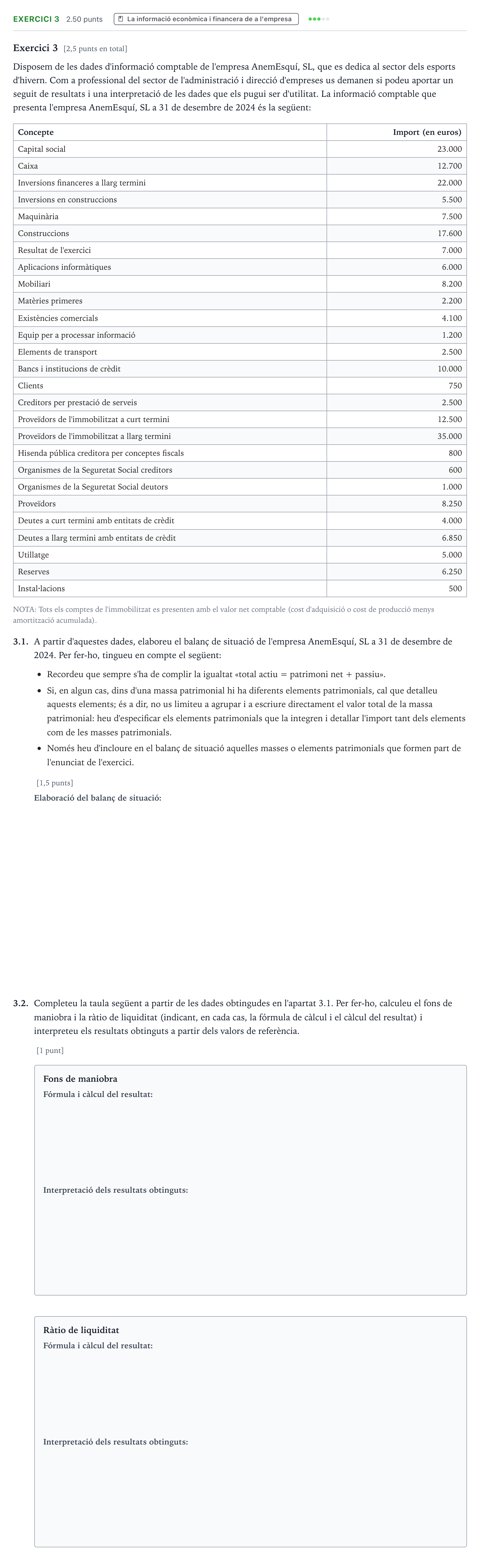 Enunciado: Exercici 3 · Economía de la Empresa Selectividad Cataluña Juny Serie 1 2025