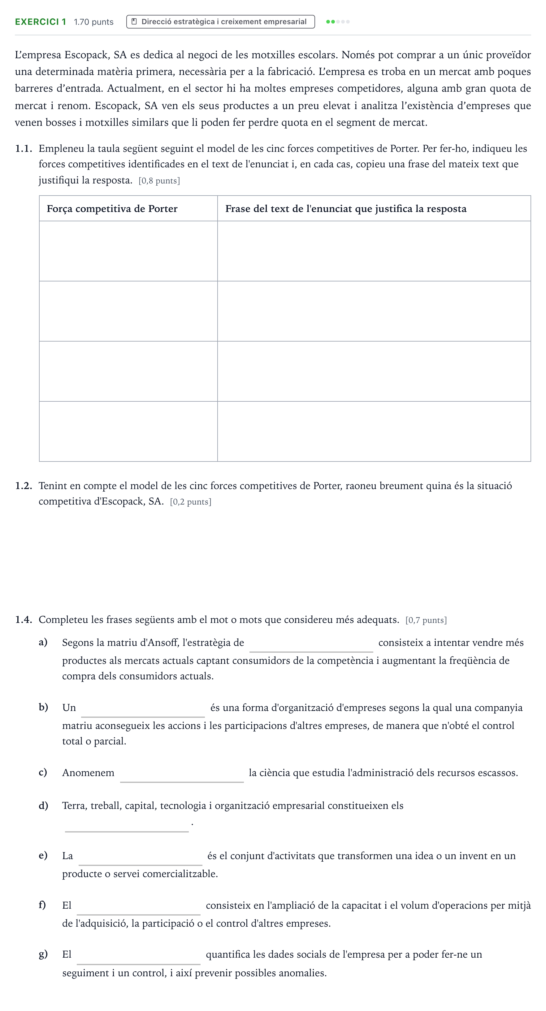 Enunciado: Exercici 1 - Direcció estratègica i creixement em… · Economía de la Empresa Selectividad Cataluña Juny Serie 4 2025