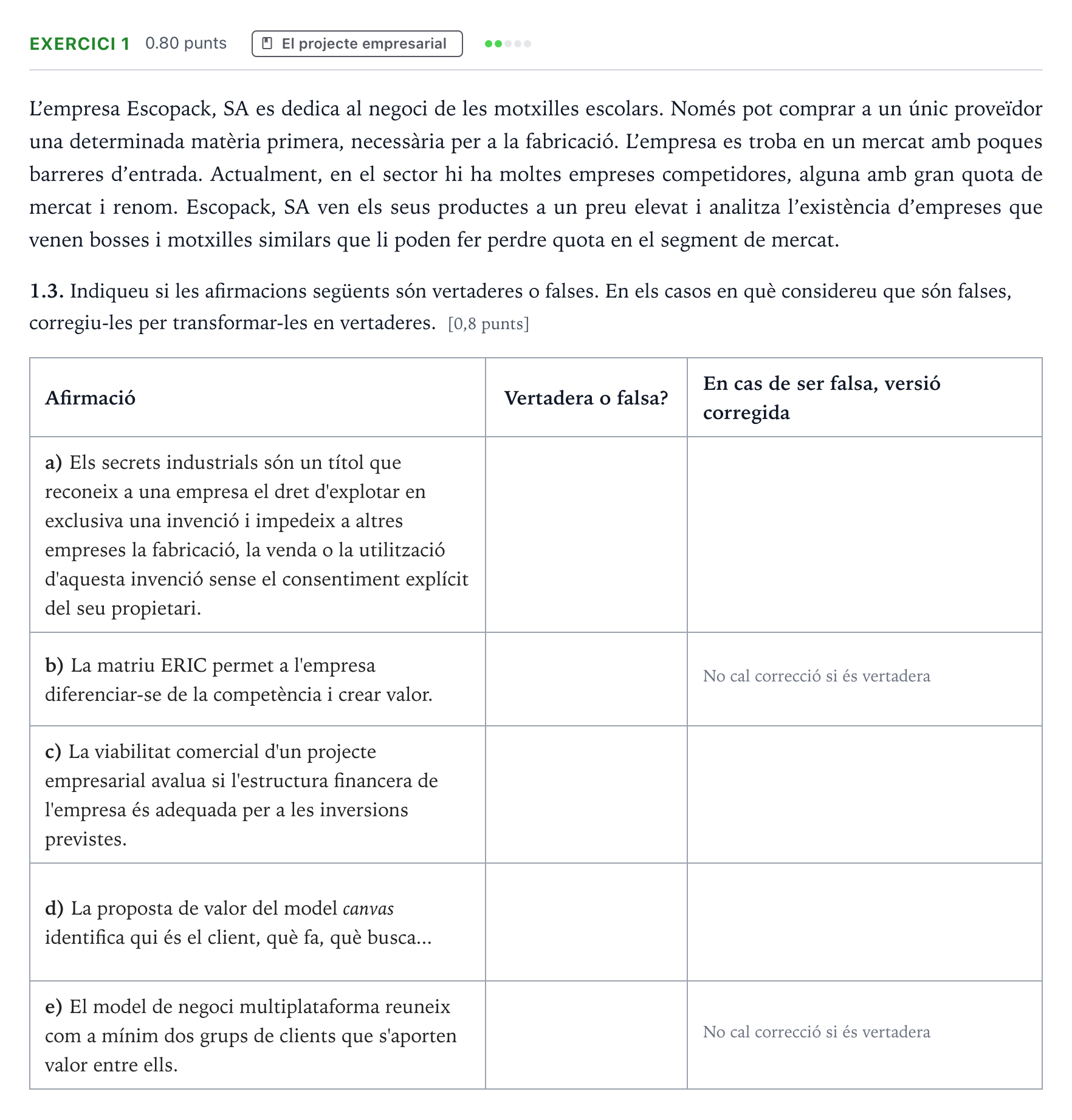 Enunciado: Exercici 1 - El projecte empresarial · Economía de la Empresa Selectividad Cataluña Juny Serie 4 2025