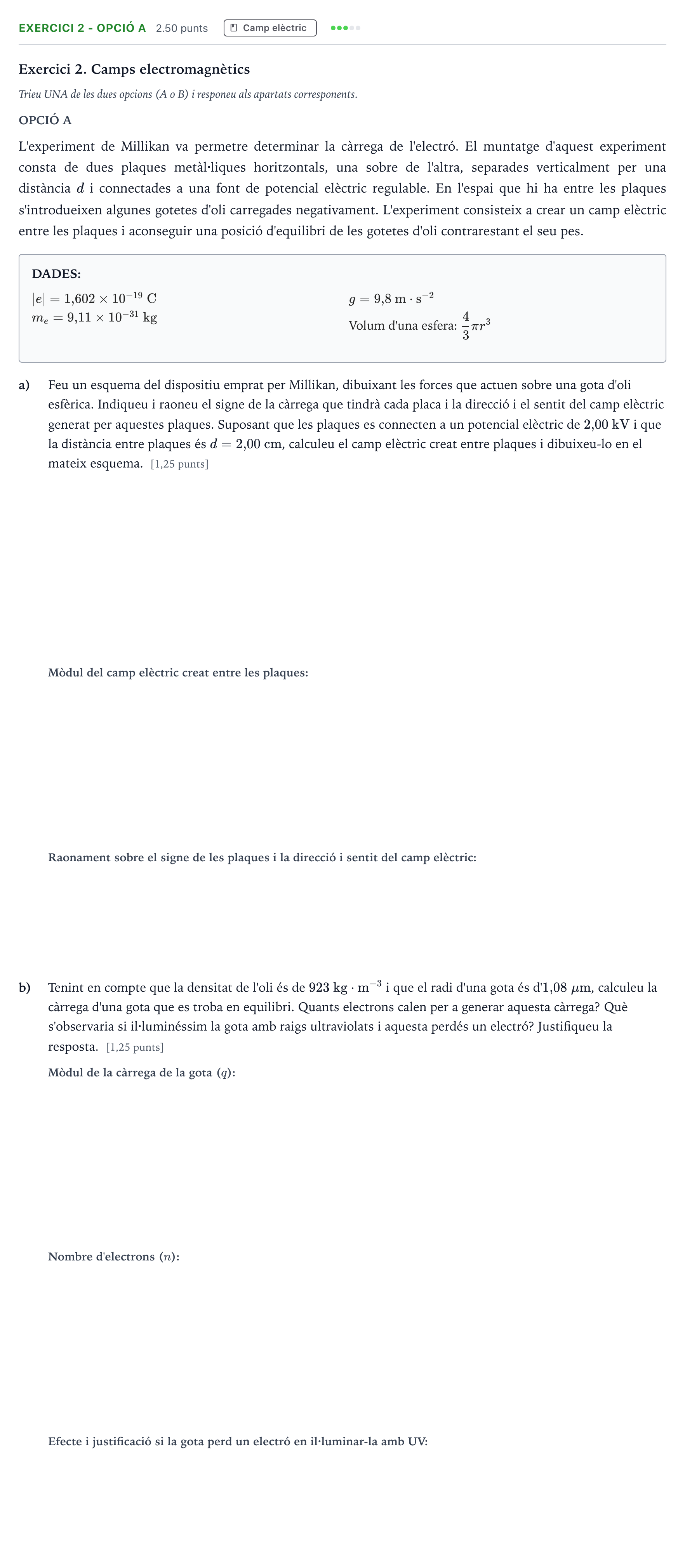 Enunciado: Exercici 2 - Opció A · Física Selectividad Cataluña Juny Serie 1 2025