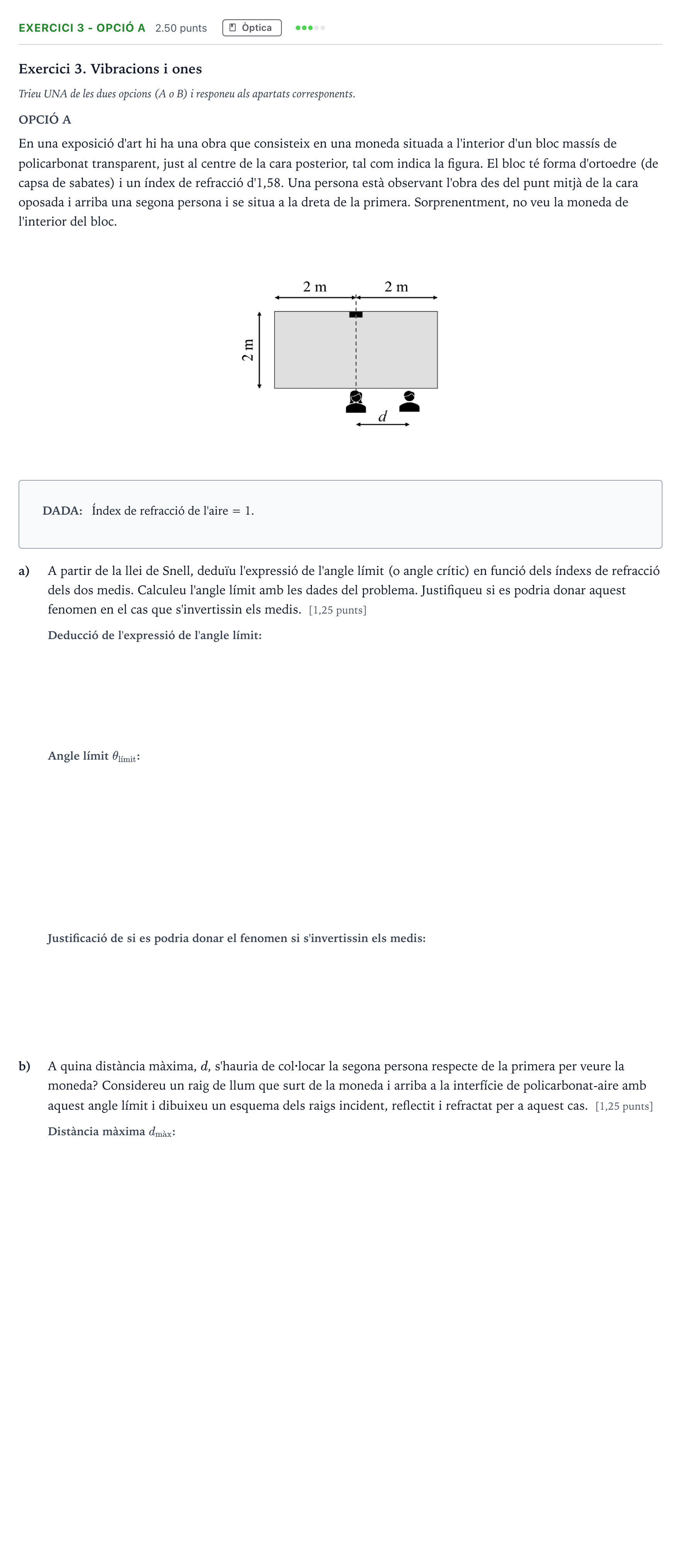 Enunciado: Exercici 3 - Opció A · Física Selectividad Cataluña Juny Serie 1 2025