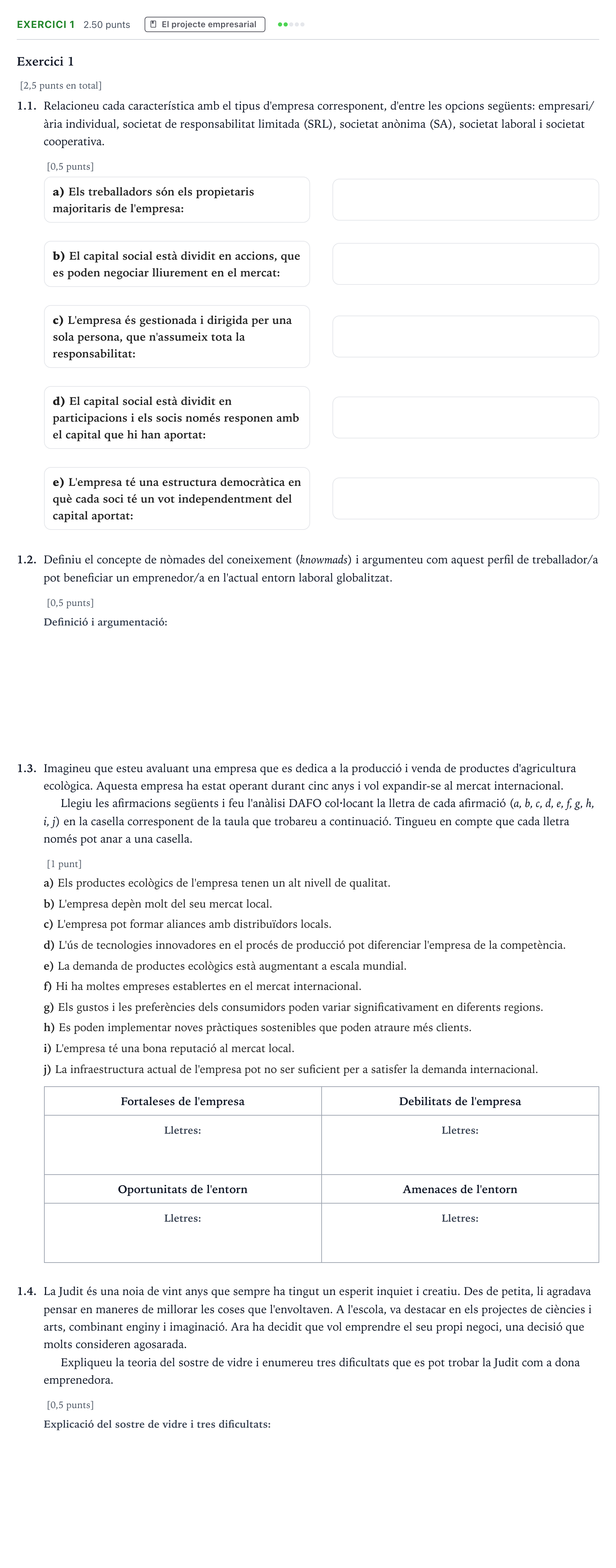 Enunciado: Exercici 1 · Economía de la Empresa Selectividad Cataluña Setembre Serie 3 2025