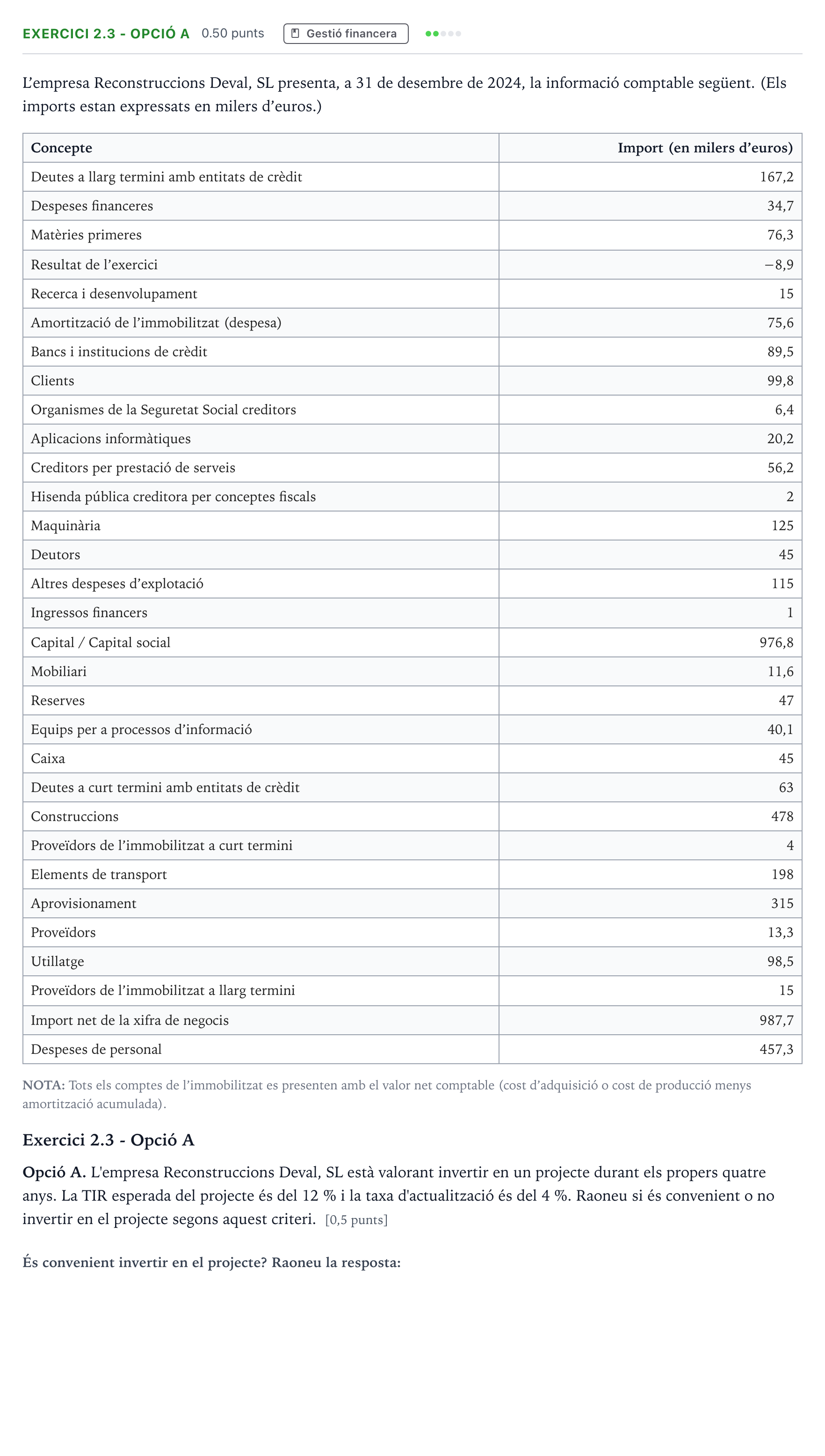 Enunciado: Exercici 2.3 - Opció A · Economía de la Empresa Selectividad Cataluña Setembre Serie 3 2025