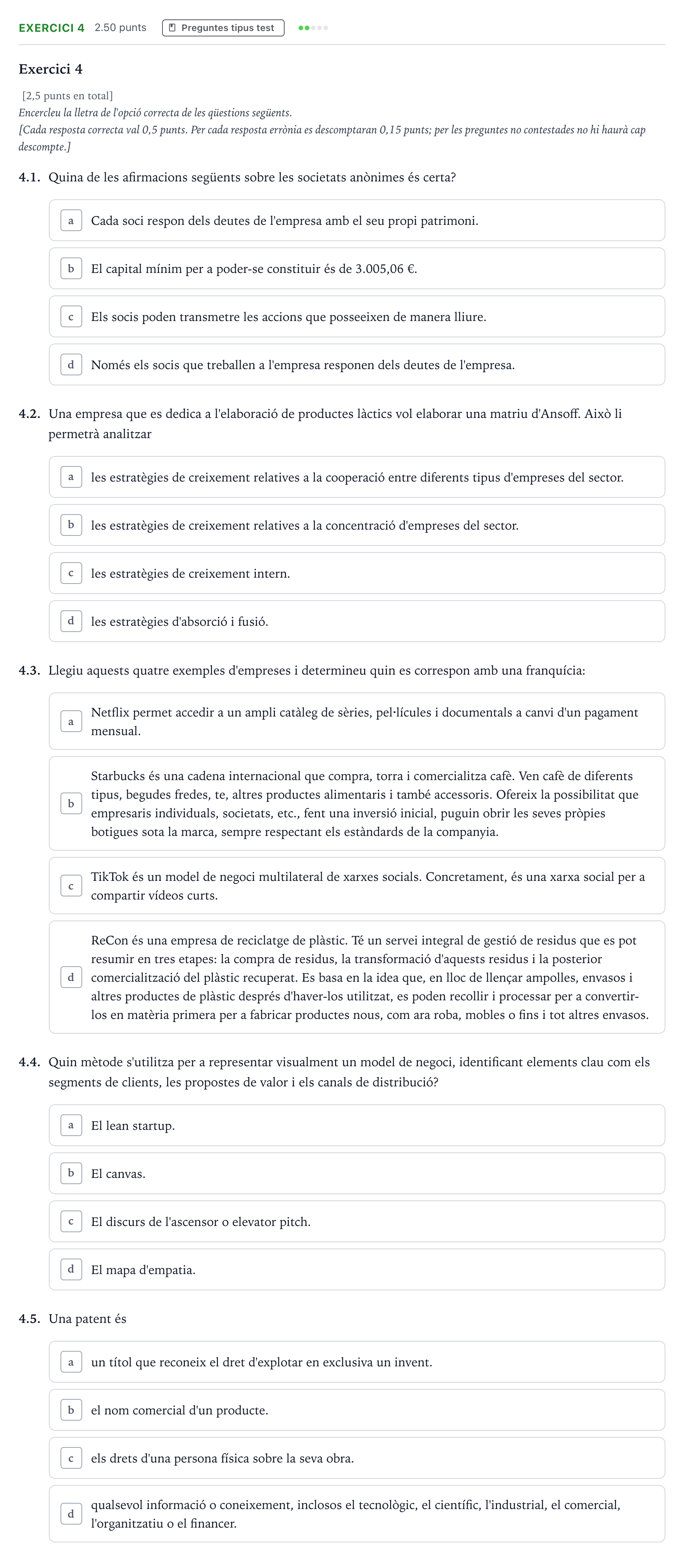 Enunciado: Exercici 4 · Economía de la Empresa Selectividad Cataluña Setembre Serie 3 2025