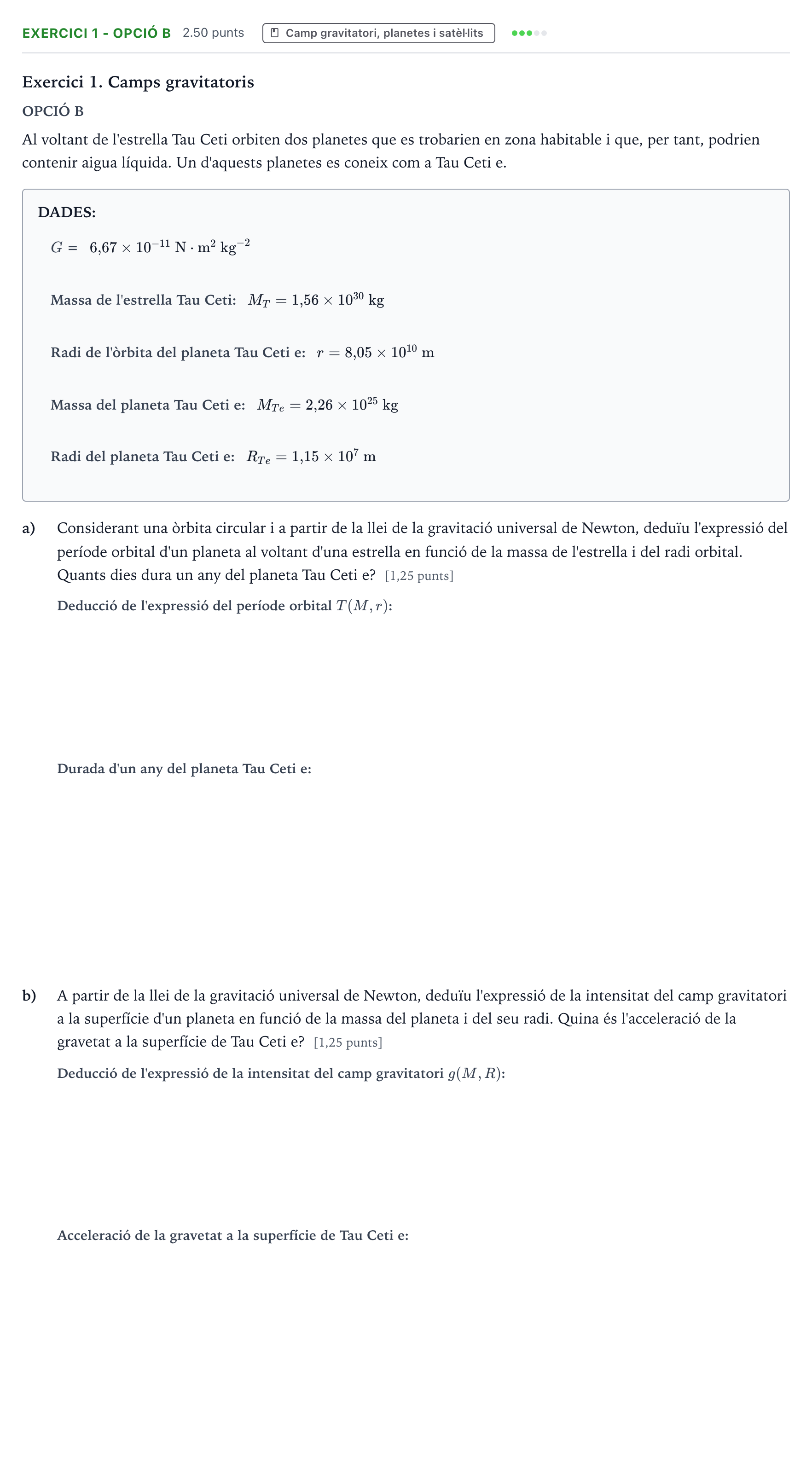 Enunciado: Exercici 1 - Opció B · Física Selectividad Cataluña Juny Serie 4 2025