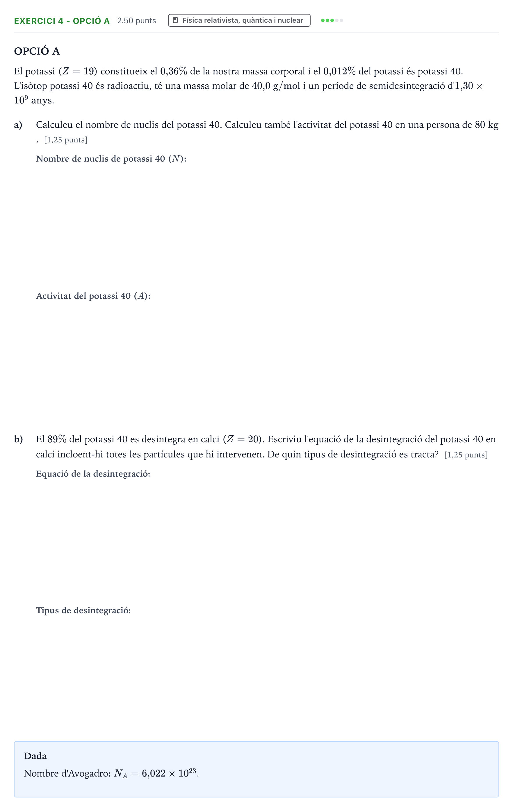 Enunciado: Exercici 4 - Opció A · Física Selectividad Cataluña Juny Serie 4 2025