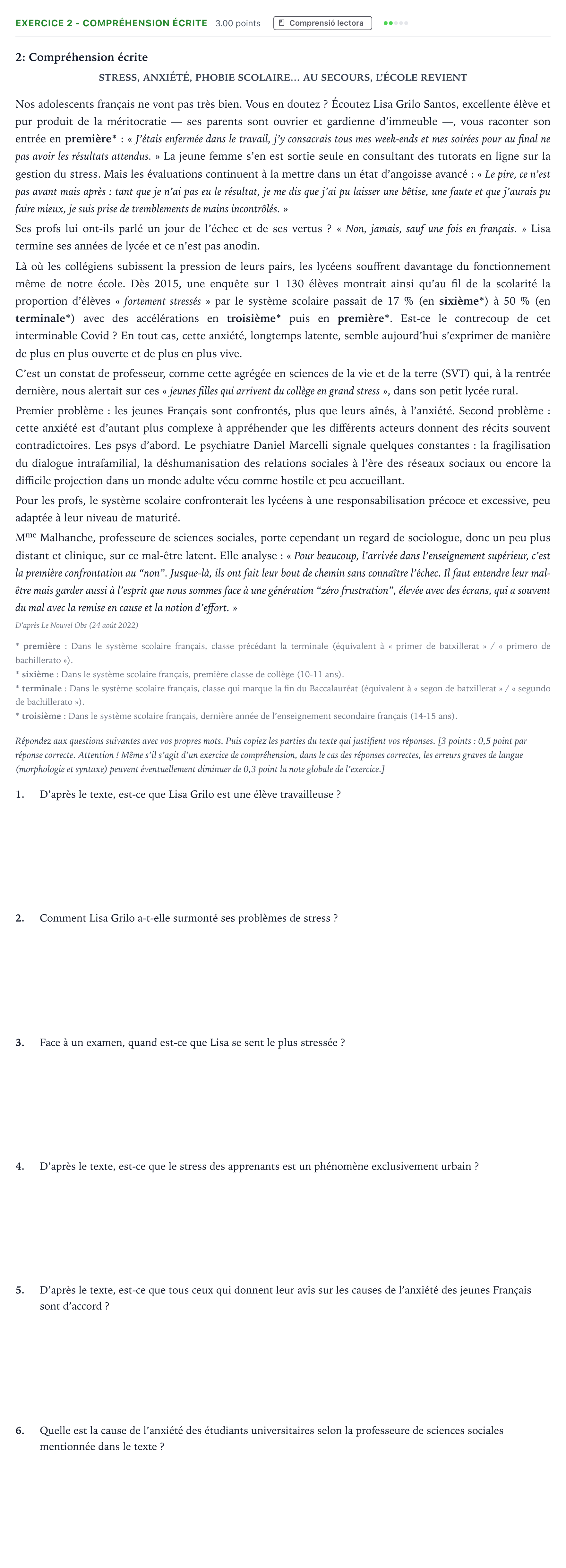 Enunciado: Ejercicio 2 - Compréhension écrite · Francés Selectividad Cataluña Juny Serie 1 2025