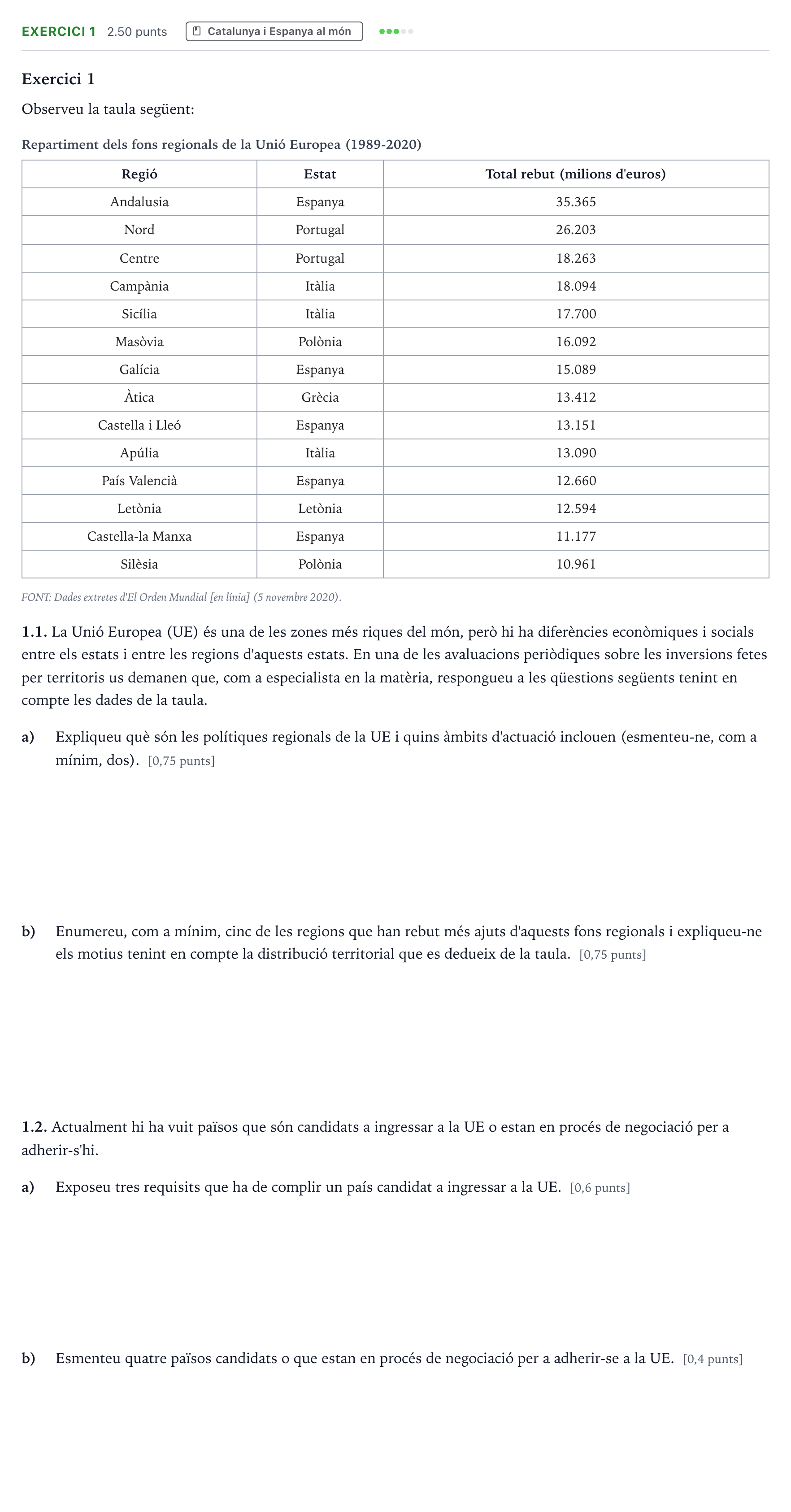 Enunciado: Exercici 1 · Geografía Selectividad Cataluña Juny Serie 1 2025