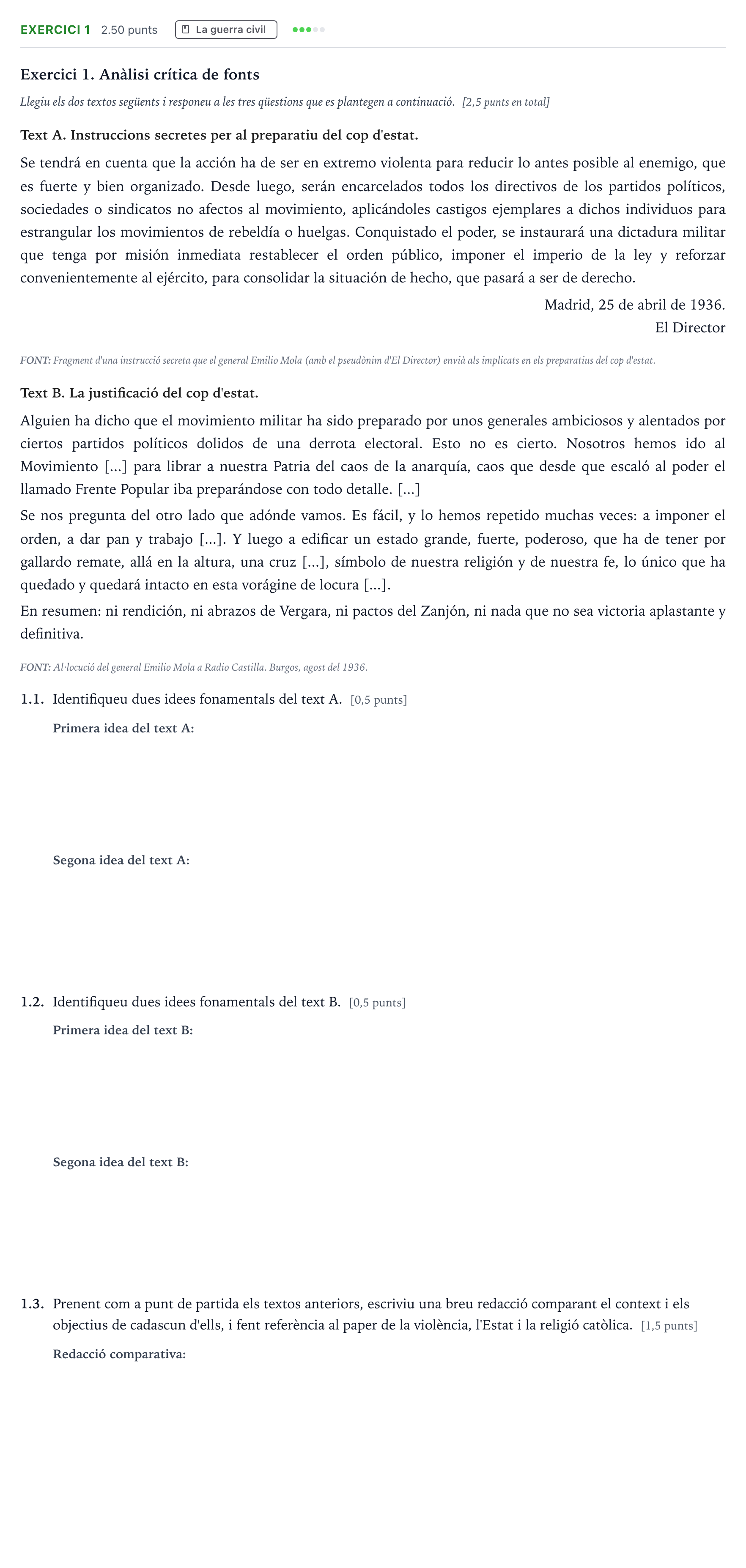 Enunciado: Exercici 1 · Historia de España Selectividad Cataluña Juny Serie 1 2025