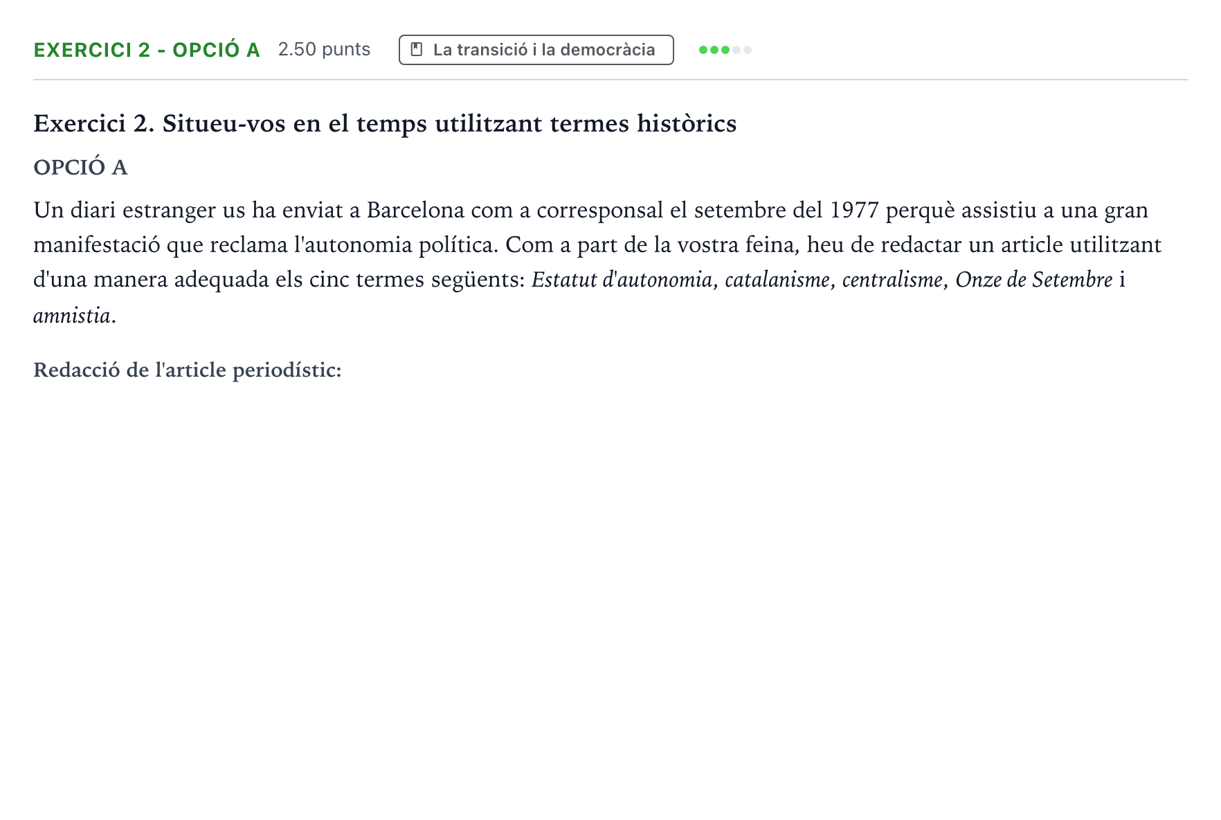 Enunciado: Exercici 2 - Opció A · Historia de España Selectividad Cataluña Juny Serie 1 2025