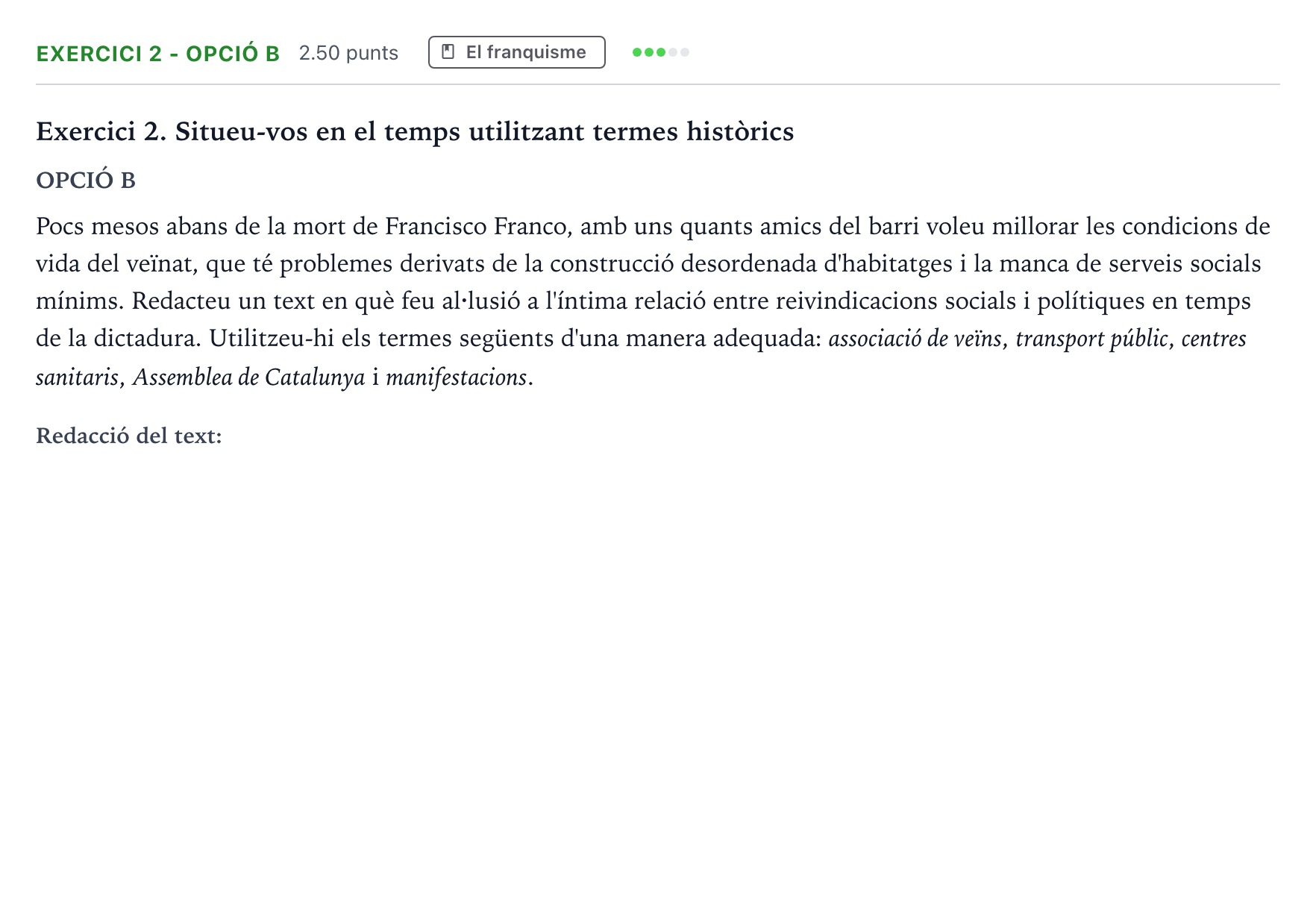 Enunciado: Exercici 2 - Opció B · Historia de España Selectividad Cataluña Juny Serie 1 2025