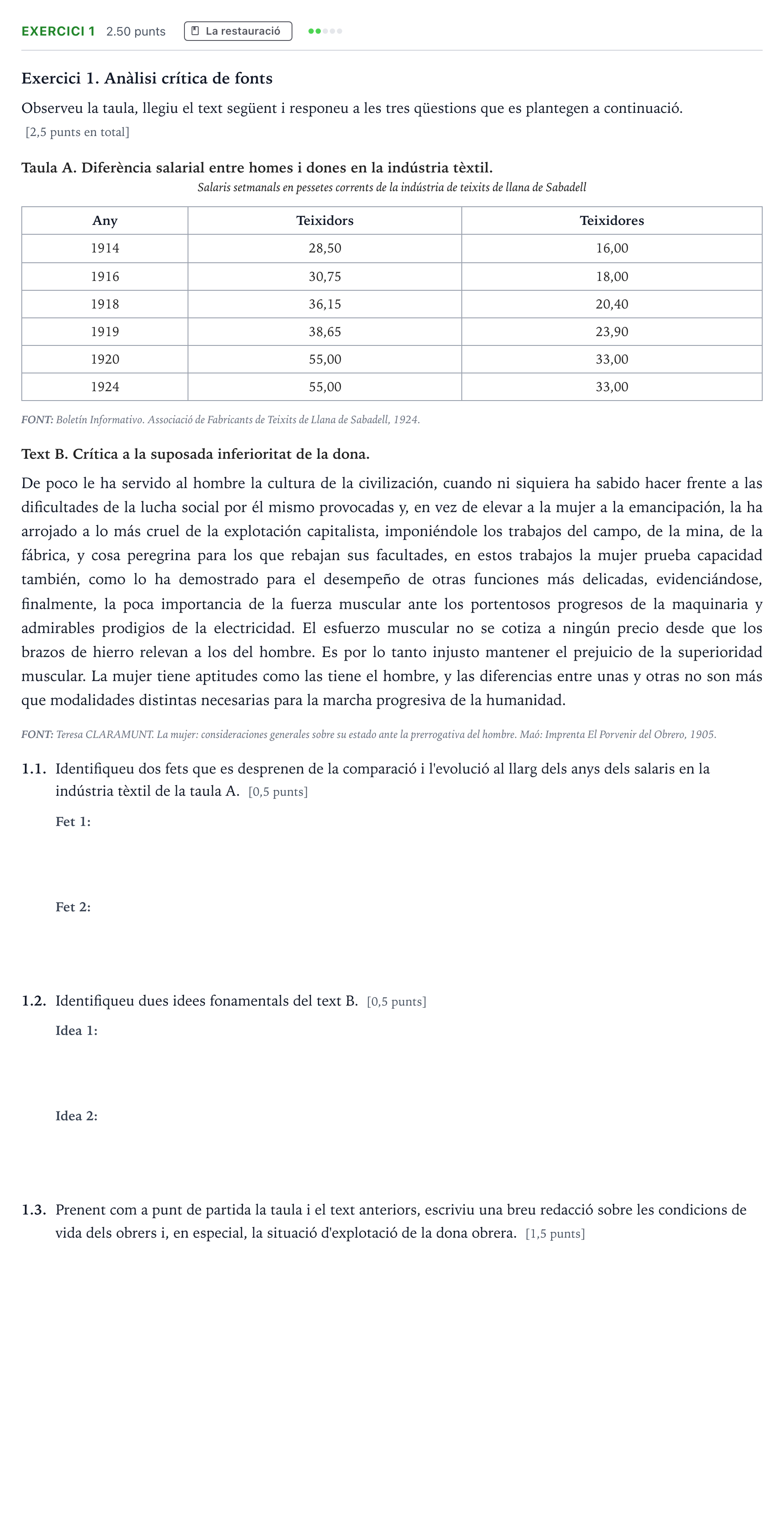 Enunciado: Exercici 1 · Historia de España Selectividad Cataluña Juny Serie 4 2025