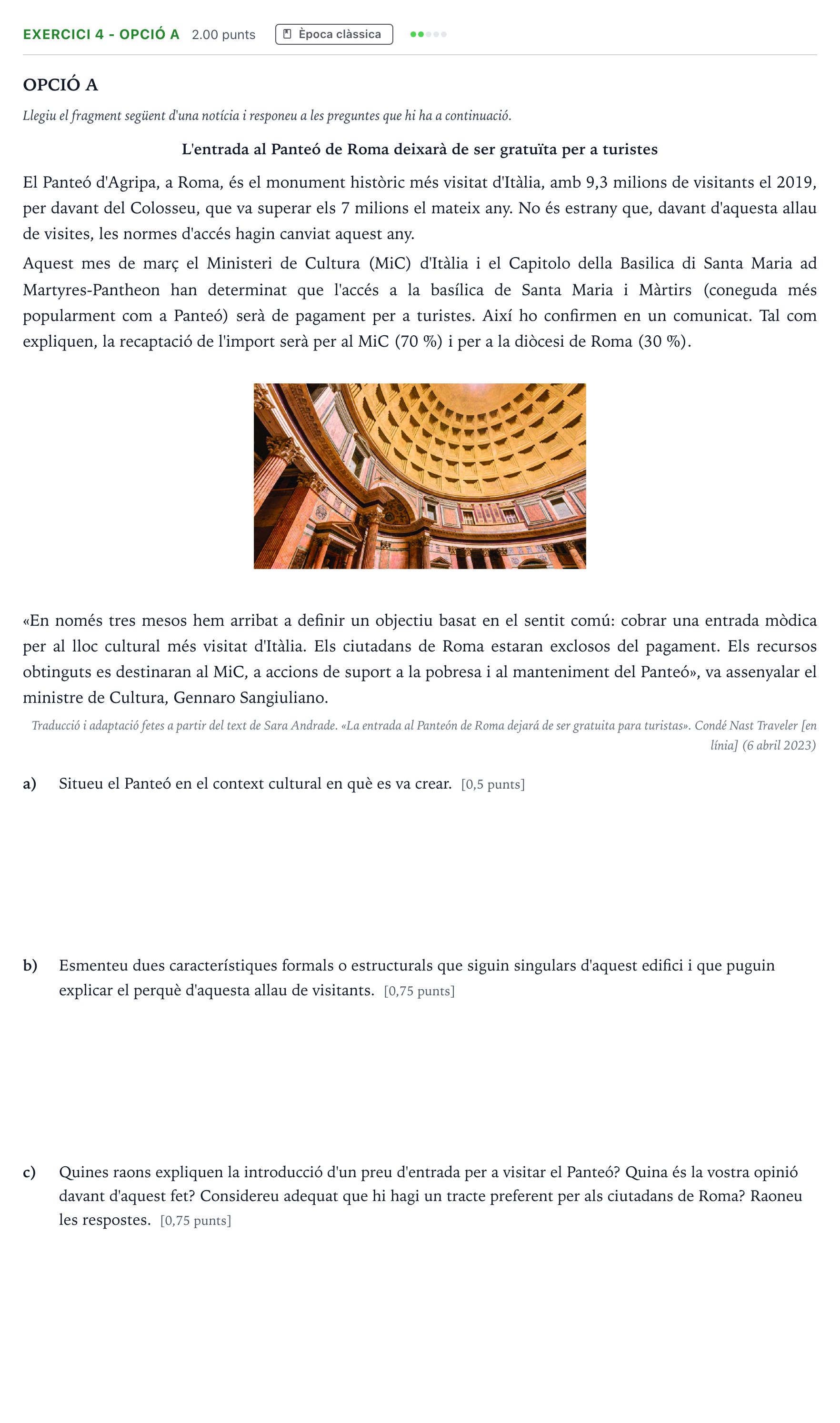 Enunciado: Exercici 4 - Opció A · Historia del Arte Selectividad Cataluña Juny Serie 1 2025