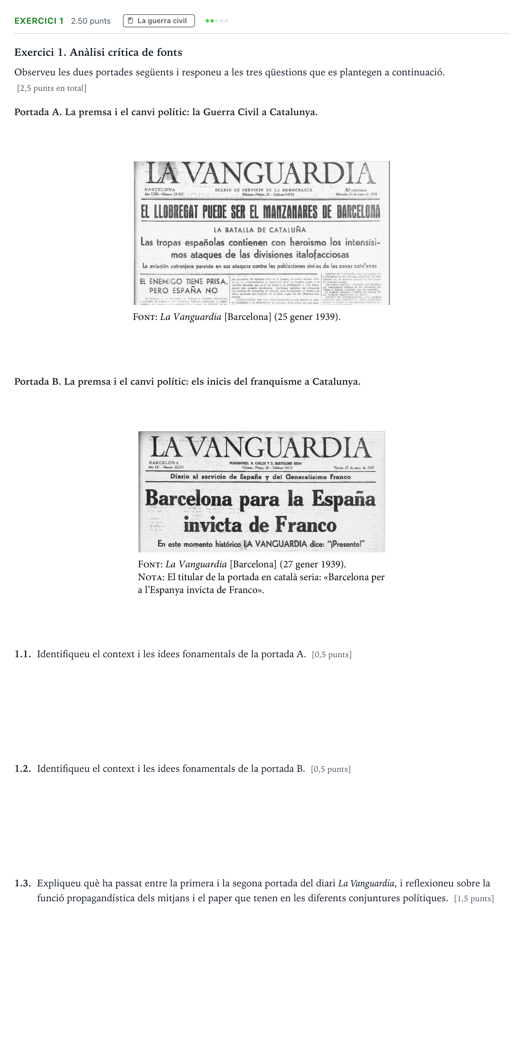 Enunciado: Exercici 1 · Historia de España Selectividad Cataluña Setembre Serie 3 2025