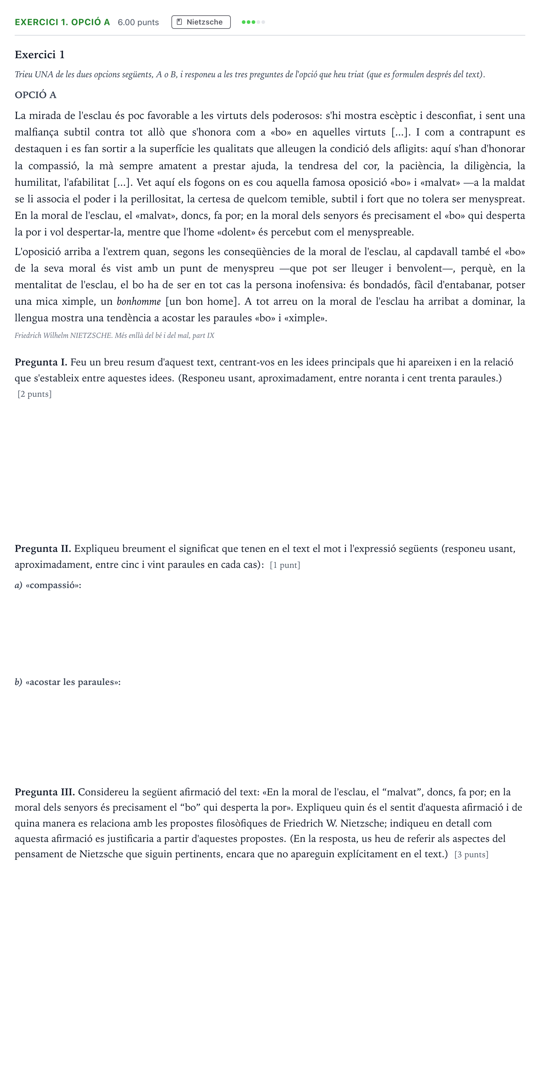Enunciado: Exercici 1. Opció A · Historia de la Filosofía Selectividad Cataluña Setembre Serie 3 2025