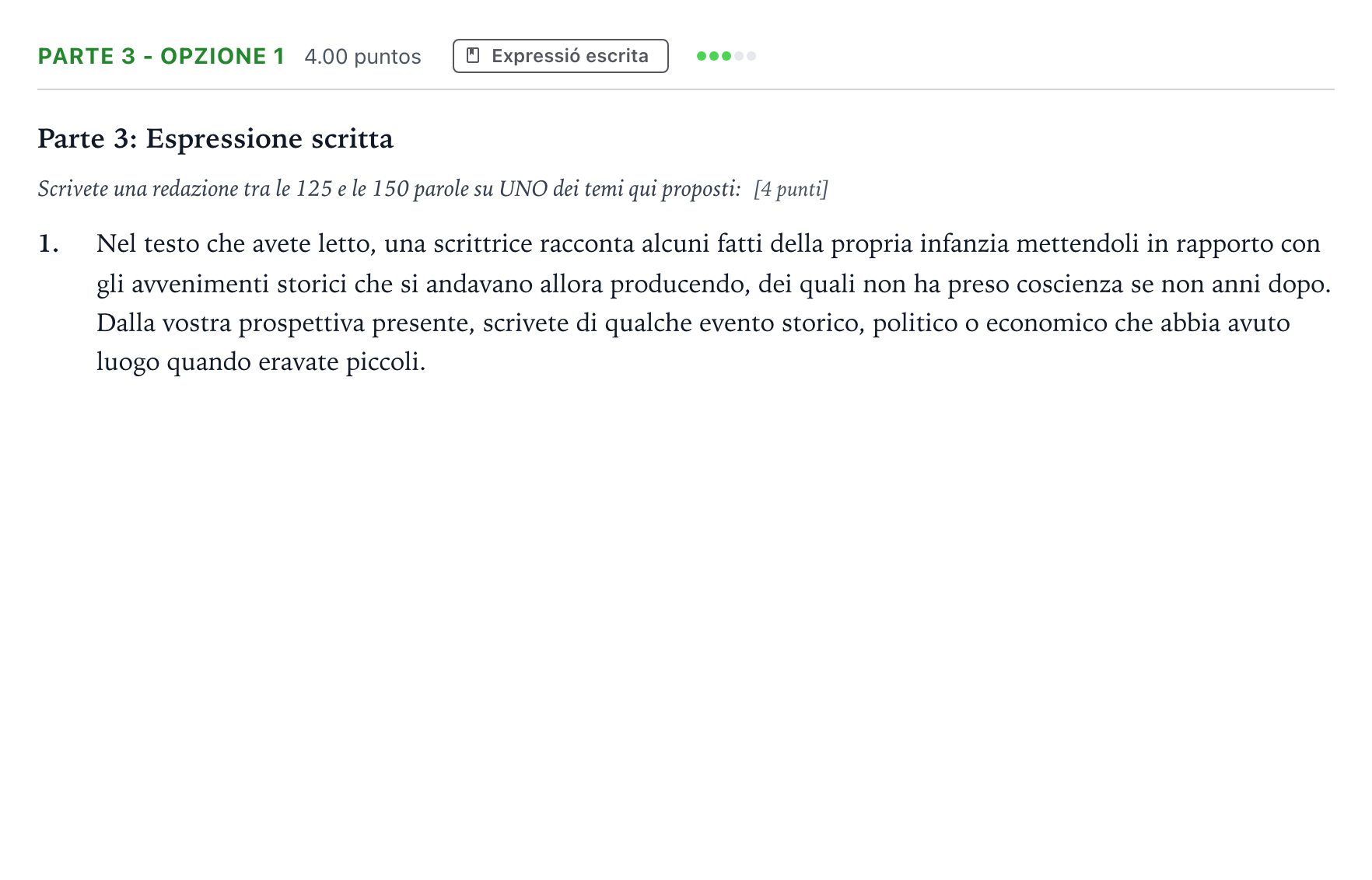 Enunciado: Ejercicio Parte 3 - Opzione 1 · Italiano Selectividad Cataluña Juny Serie 1 2025