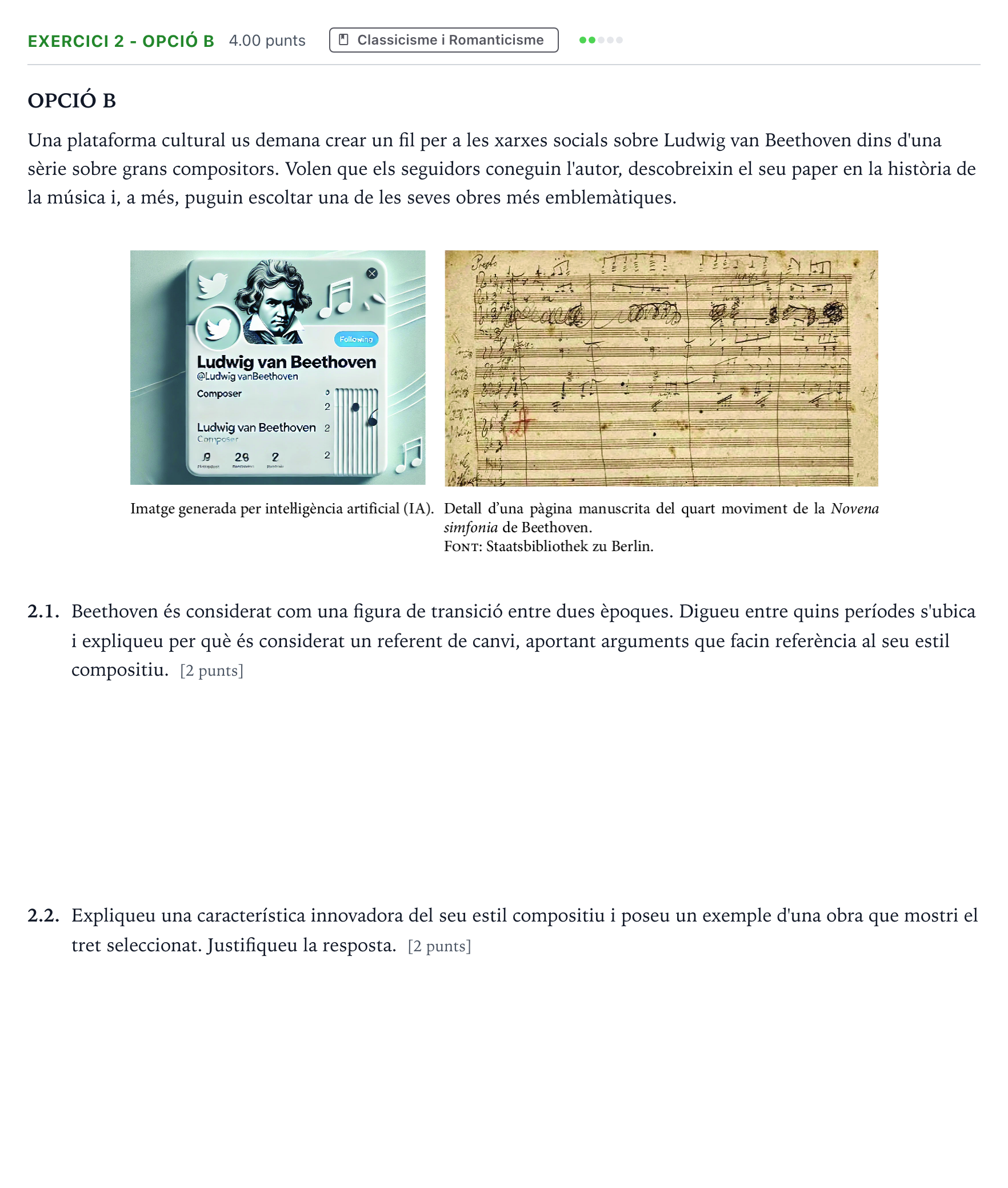 Enunciado: Exercici 2 - Opció B · Historia de la Música y de la Danza Selectividad Cataluña Setembre Serie 3 2025
