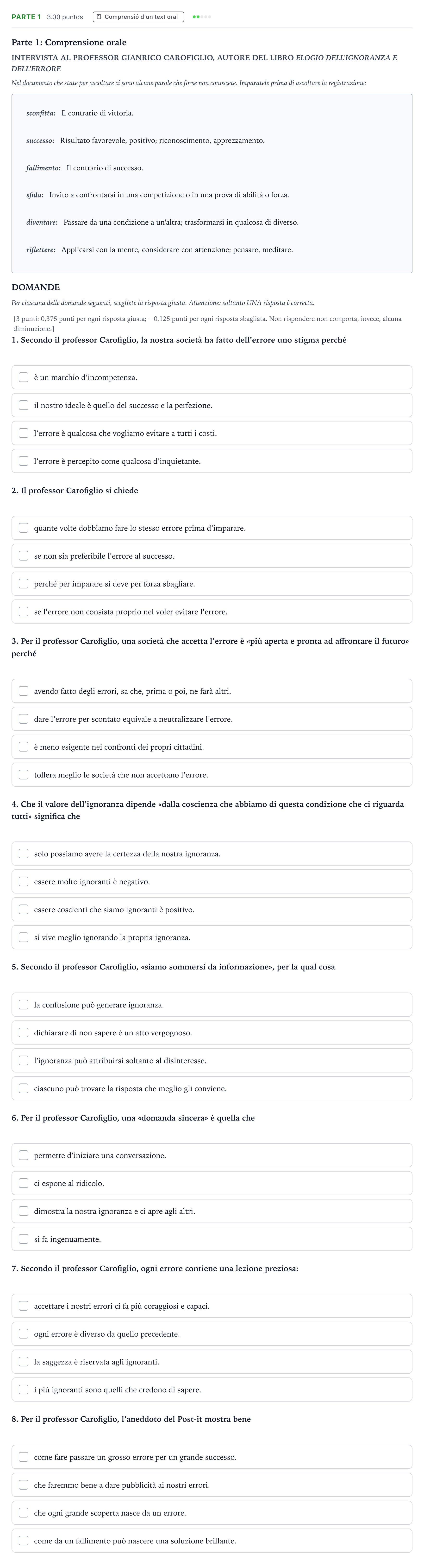 Enunciado: Ejercicio Parte 1 · Italiano Selectividad Cataluña Juny Serie 4 2025