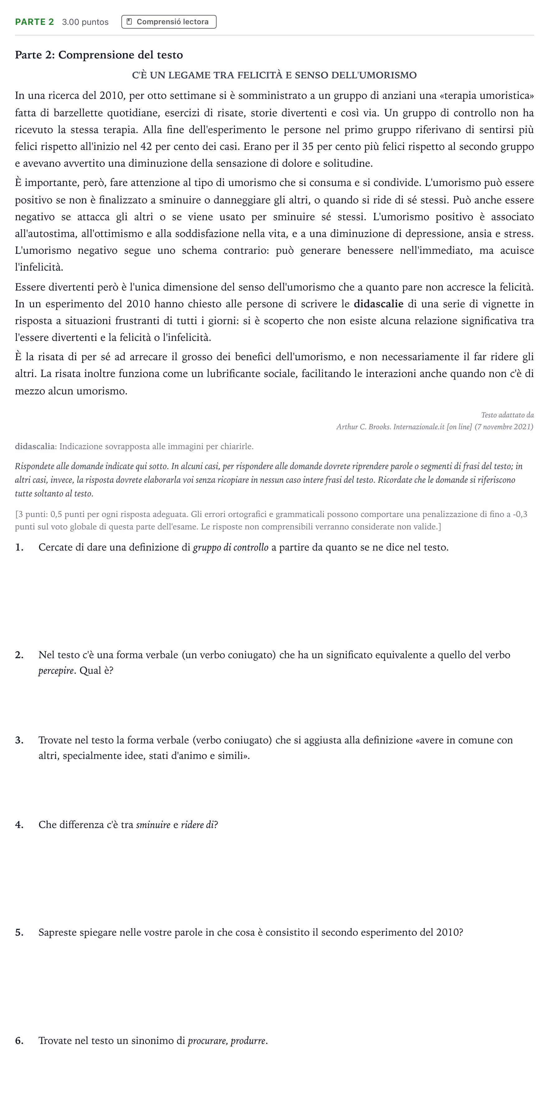 Enunciado: Ejercicio Parte 2 · Italiano Selectividad Cataluña Juny Serie 4 2025