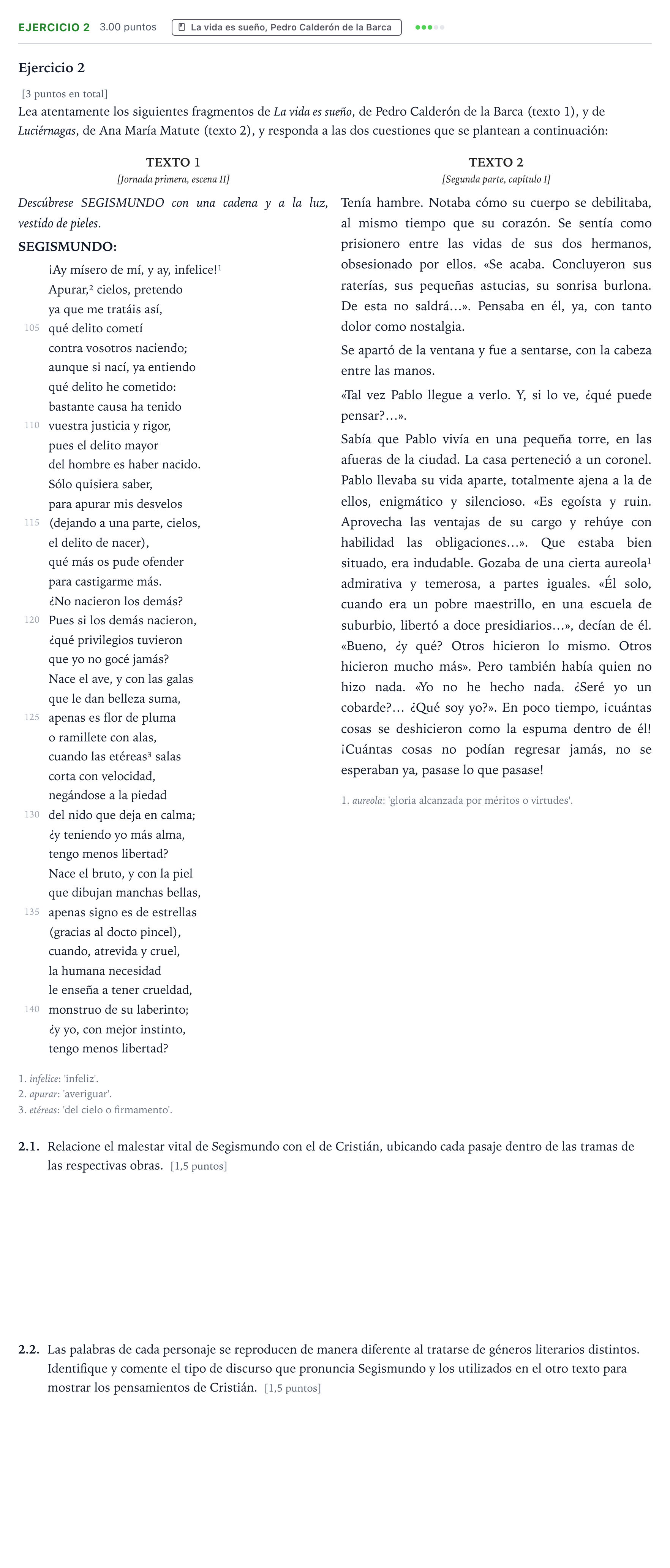 Enunciado: Ejercicio 2 · Literatura castellana Selectividad Cataluña Juny Serie 1 2025
