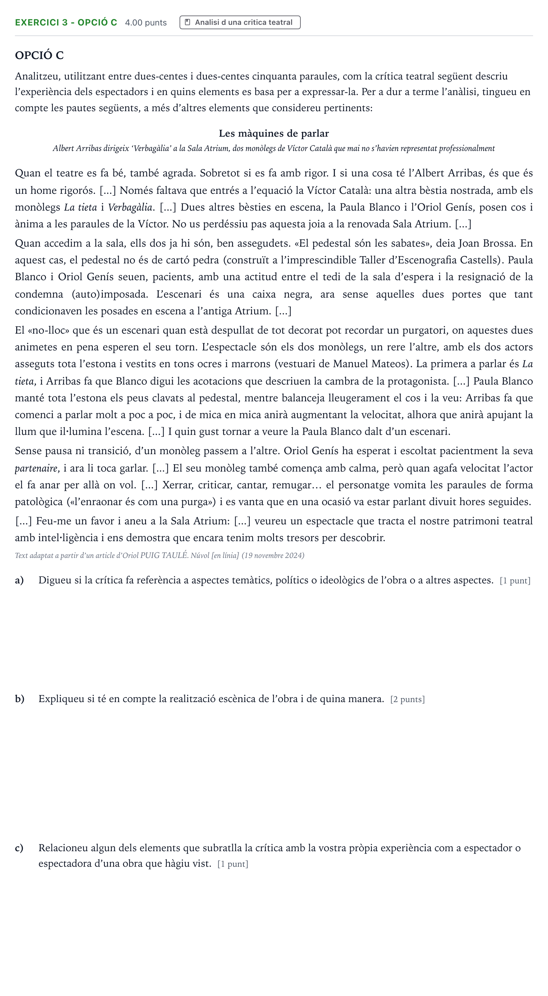 Enunciado: Exercici 3 - Opció C · Literatura Dramática Selectividad Cataluña Juny Serie 1 2025