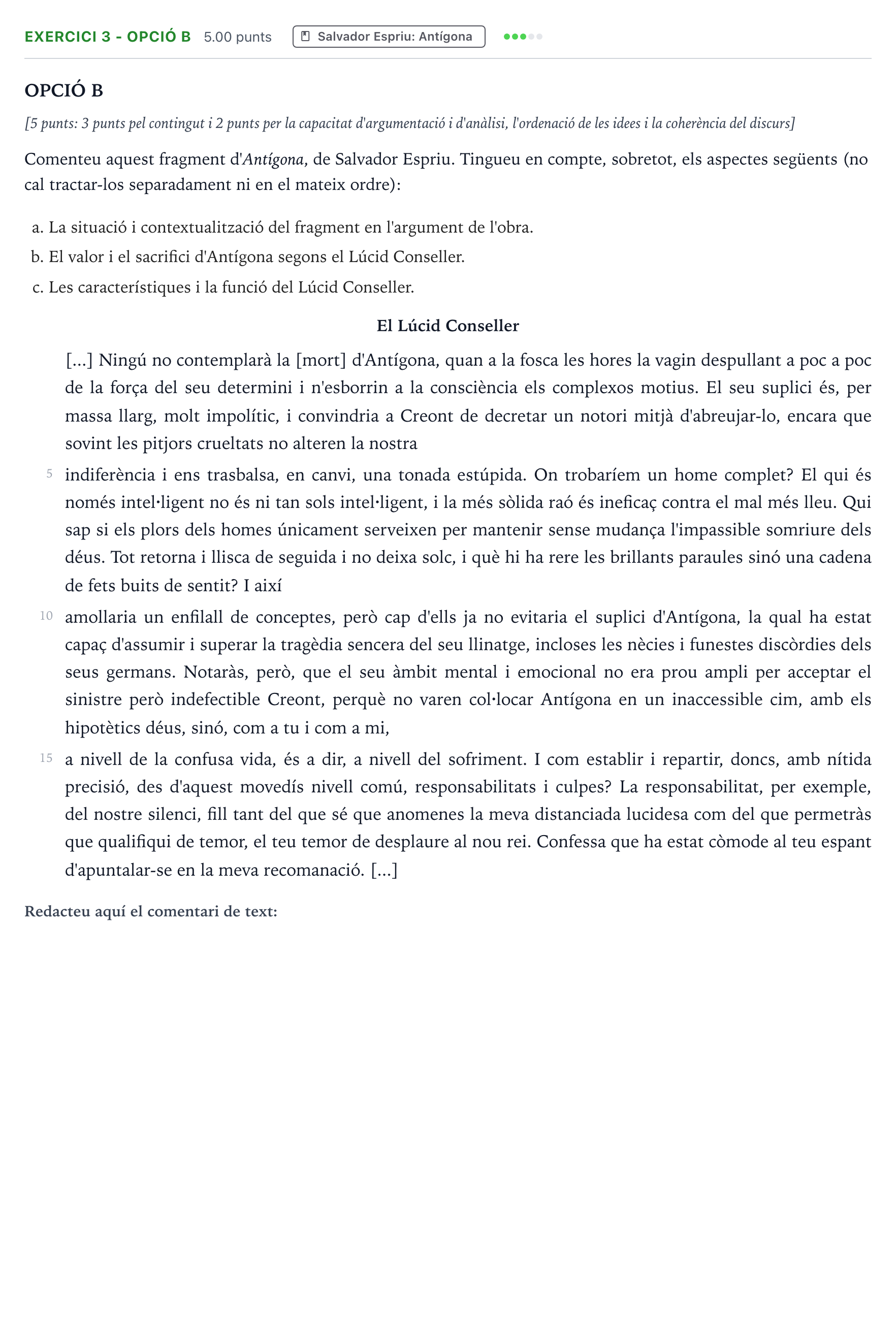 Enunciado: Exercici 3 - Opció B · Literatura Catalana Selectividad Cataluña Juny Serie 4 2025