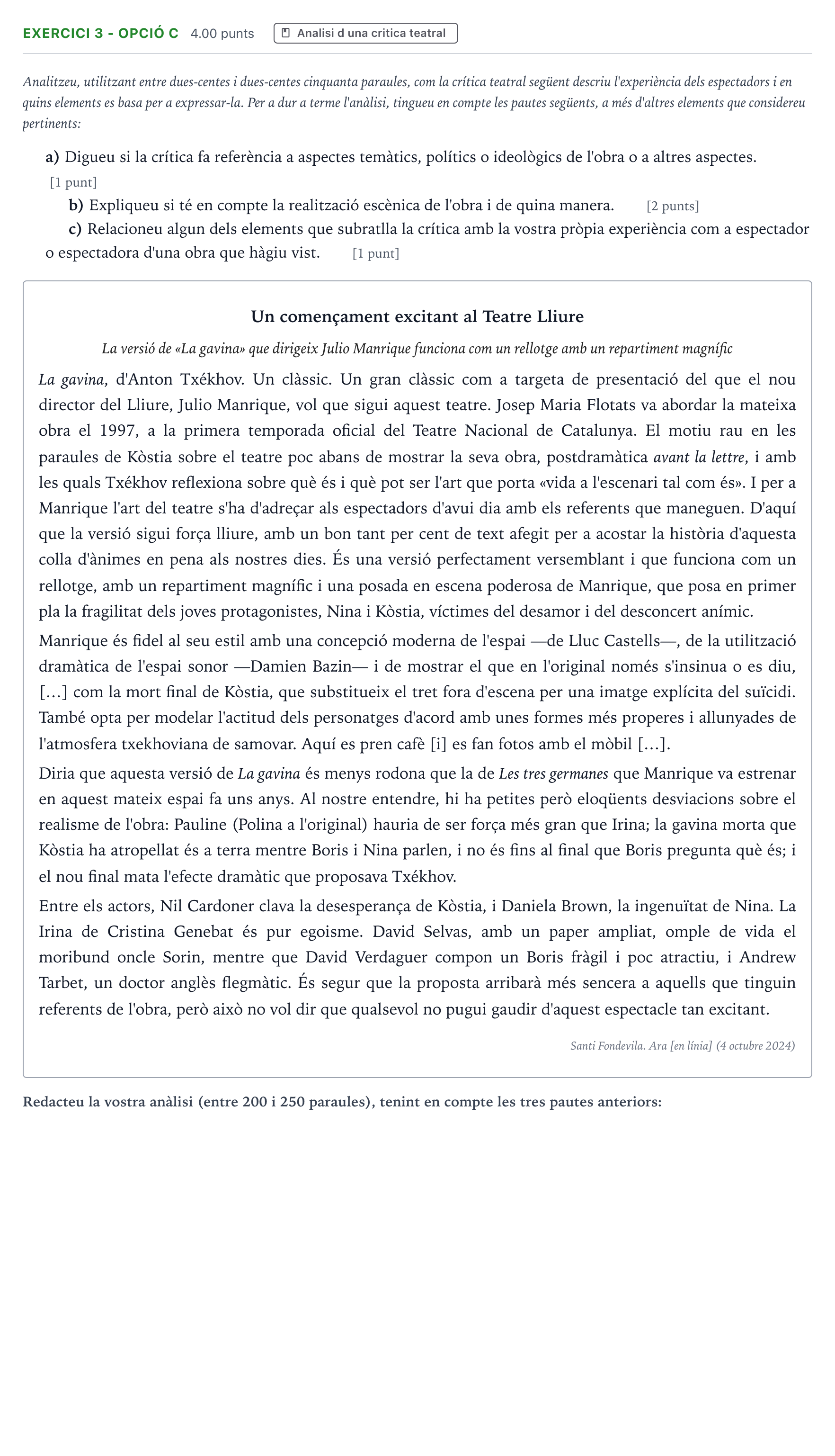 Enunciado: Exercici 3 - Opció C · Literatura Dramática Selectividad Cataluña Setembre Serie 3 2025
