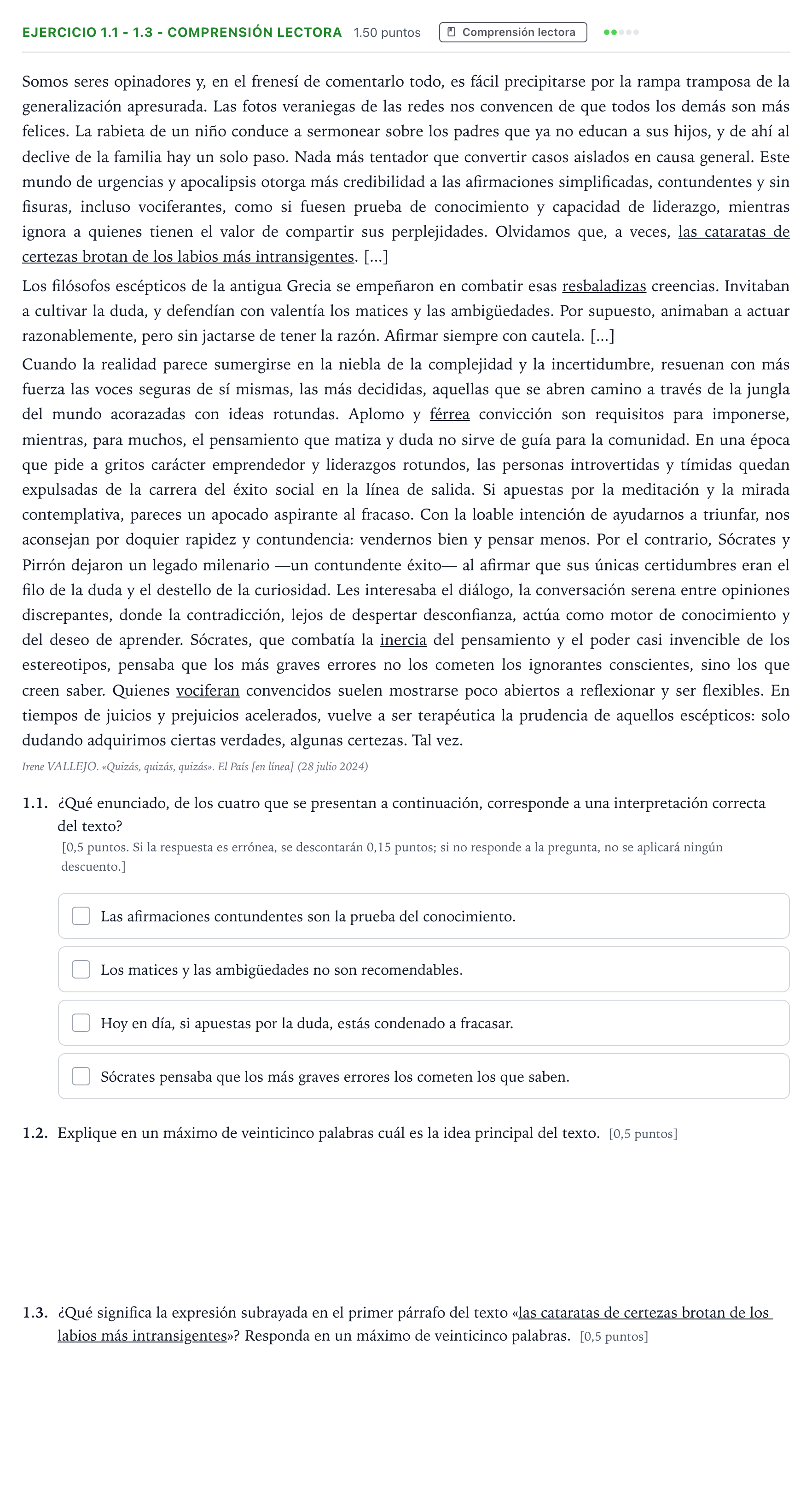 Enunciado: Ejercicio 1.1 - 1.3 - Comprensión lectora · Lengua Castellana y Literatura II Selectividad Cataluña Juny Serie 1 2025