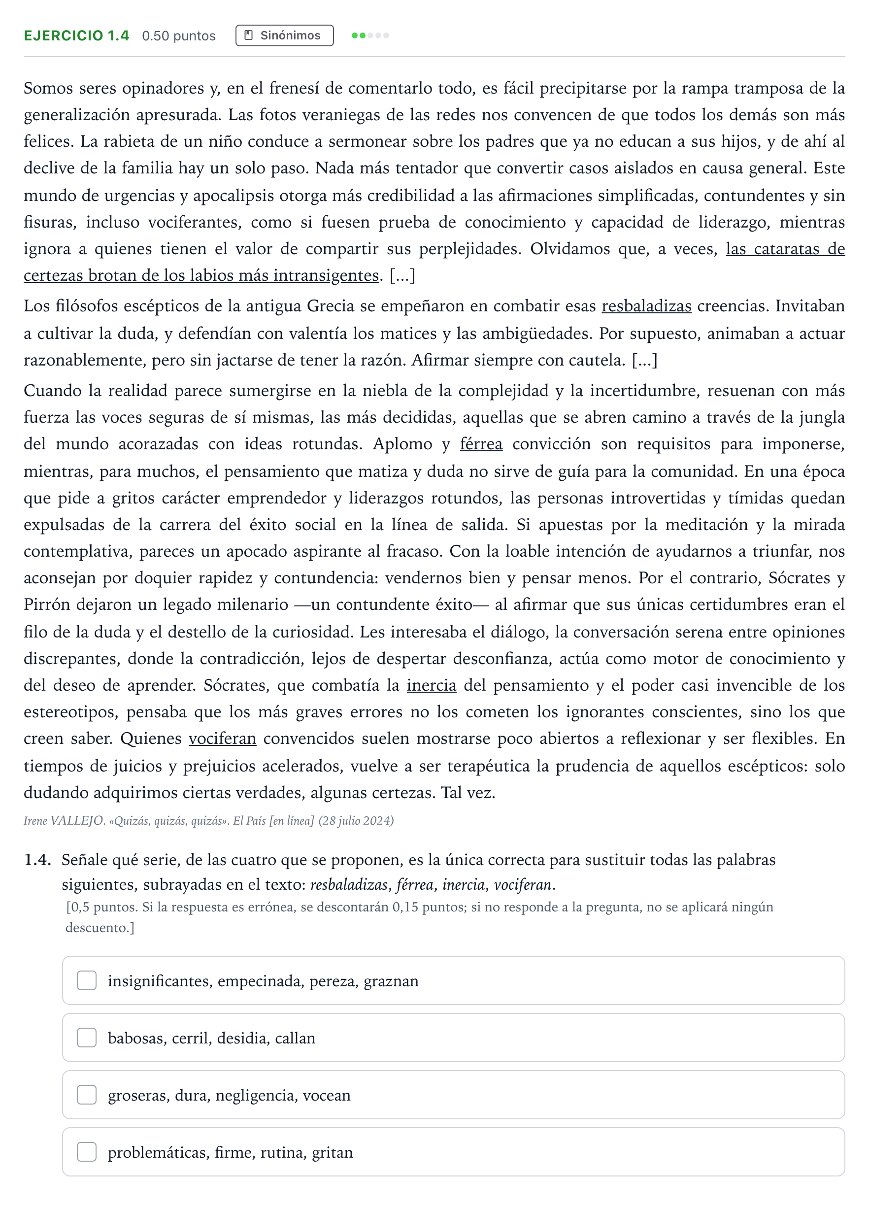 Enunciado: Ejercicio 1.4 - Sinónimos · Lengua Castellana y Literatura II Selectividad Cataluña Juny Serie 1 2025