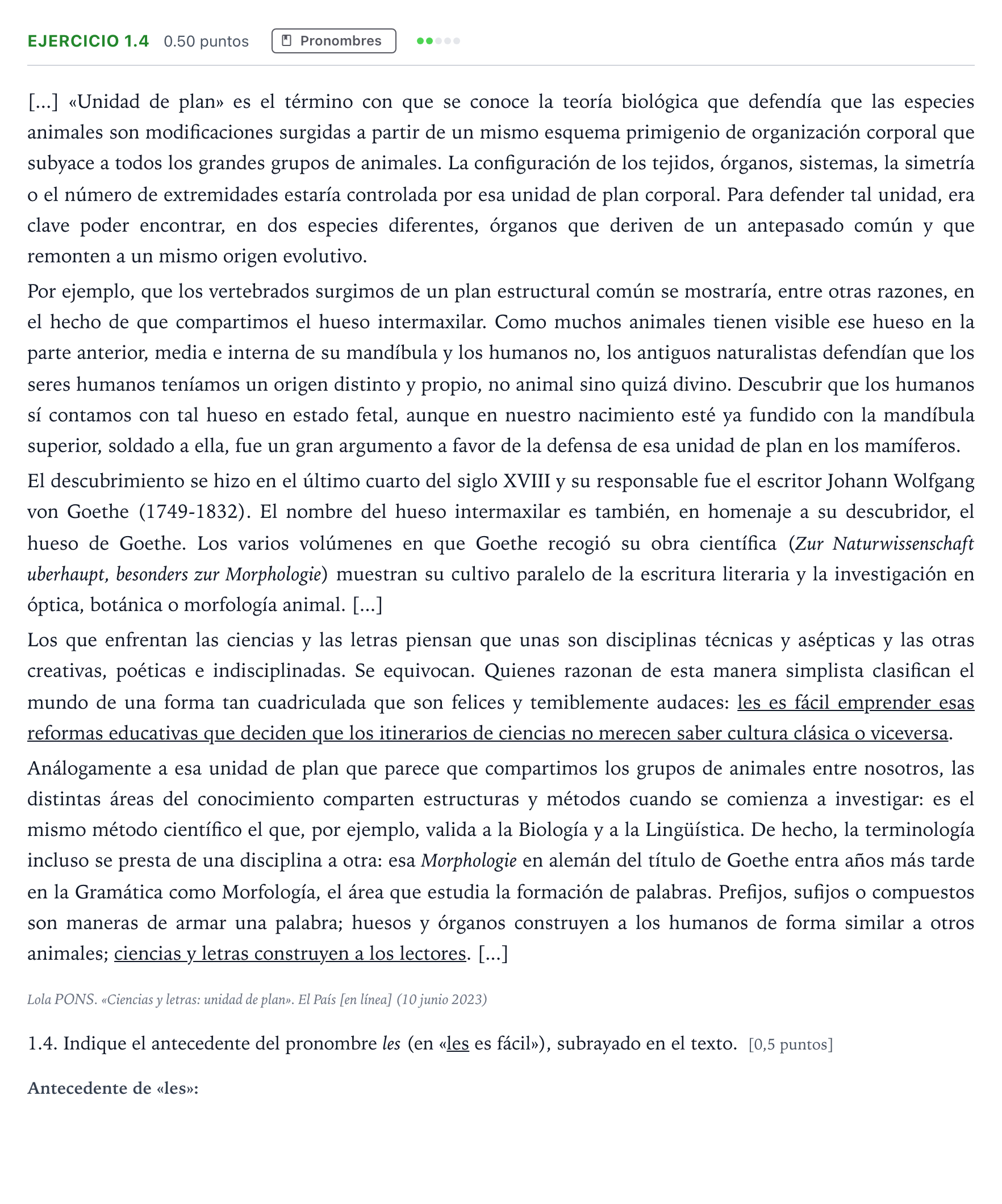 Enunciado: Ejercicio 1.4 - Pronombres · Lengua Castellana y Literatura II Selectividad Cataluña Juny Serie 4 2025
