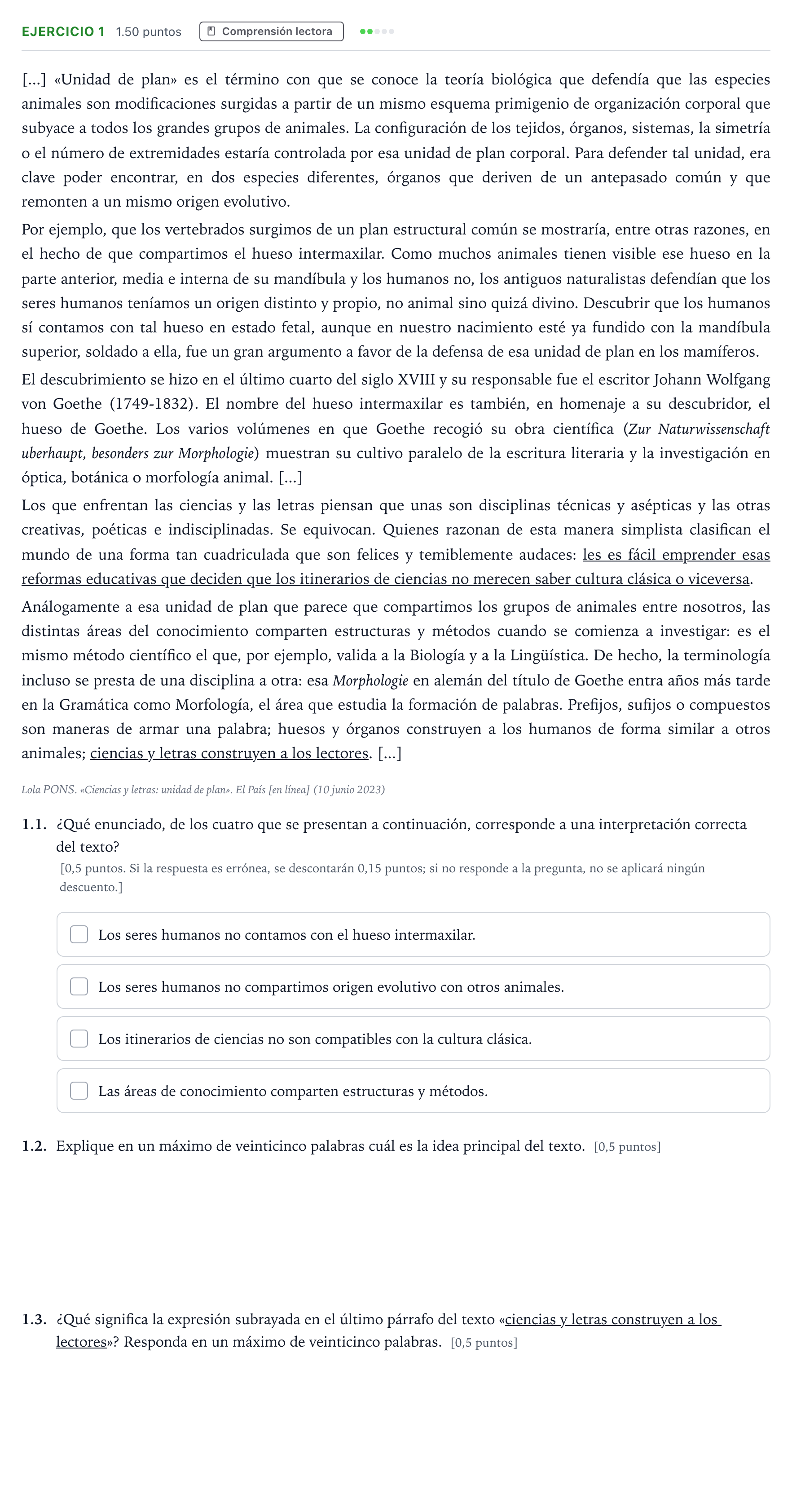 Enunciado: Ejercicio 1 - Comprensión lectora · Lengua Castellana y Literatura II Selectividad Cataluña Juny Serie 4 2025