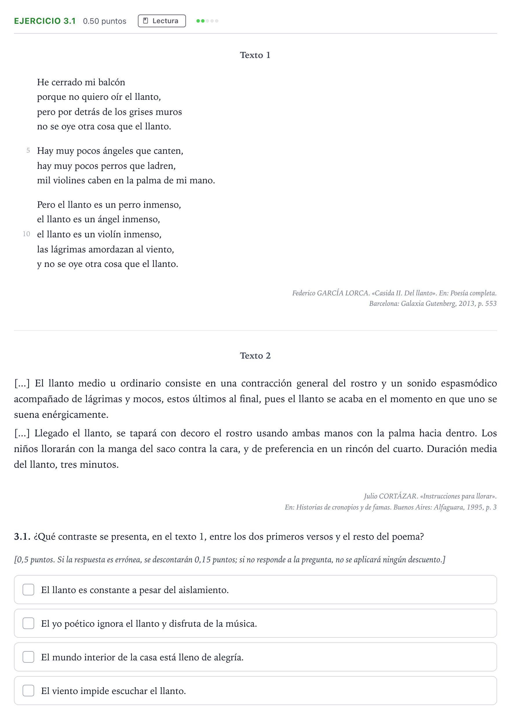 Enunciado: Ejercicio 3.1 · Lengua Castellana y Literatura II Selectividad Cataluña Setembre Serie 3 2025