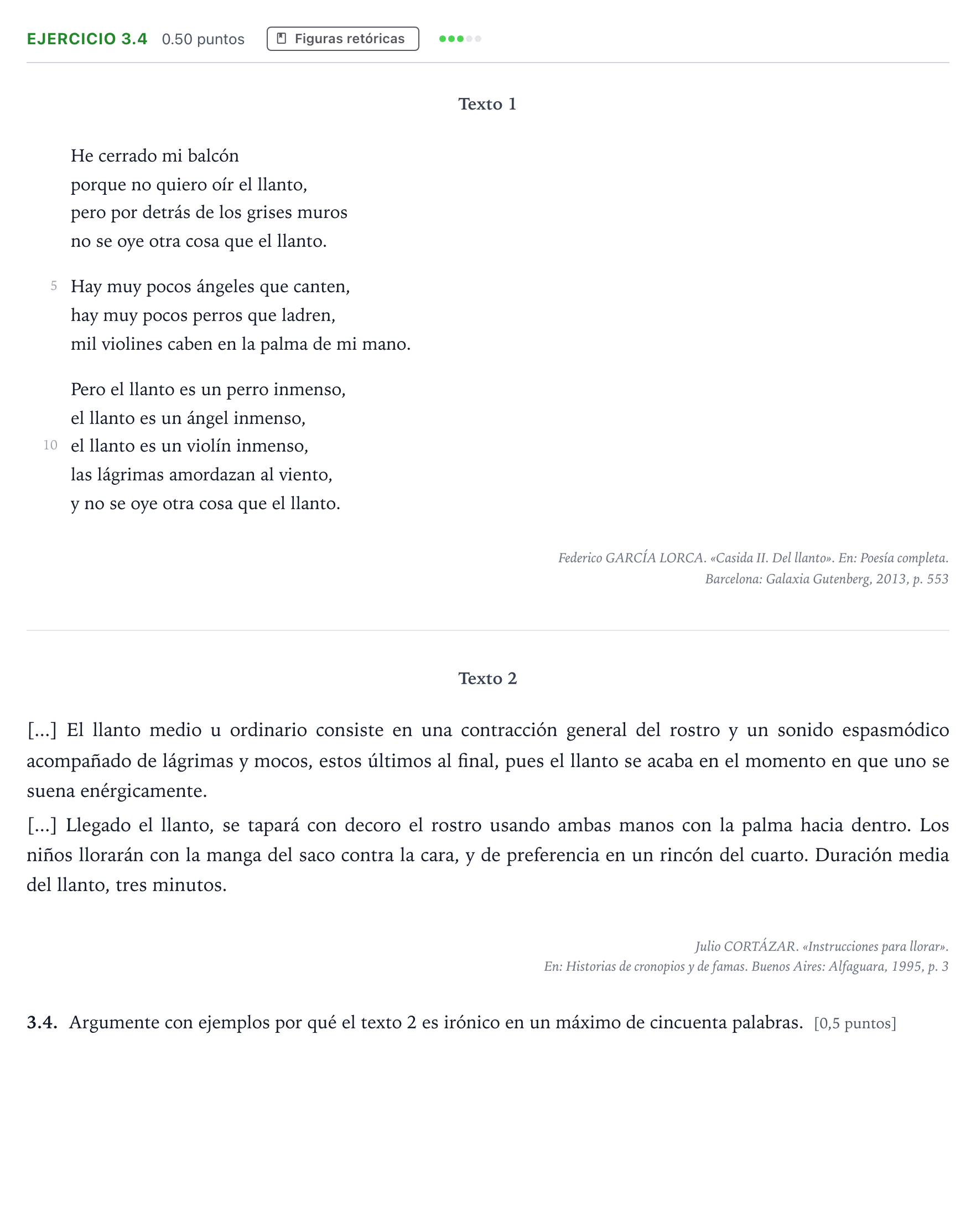 Enunciado: Ejercicio 3.4 · Lengua Castellana y Literatura II Selectividad Cataluña Setembre Serie 3 2025