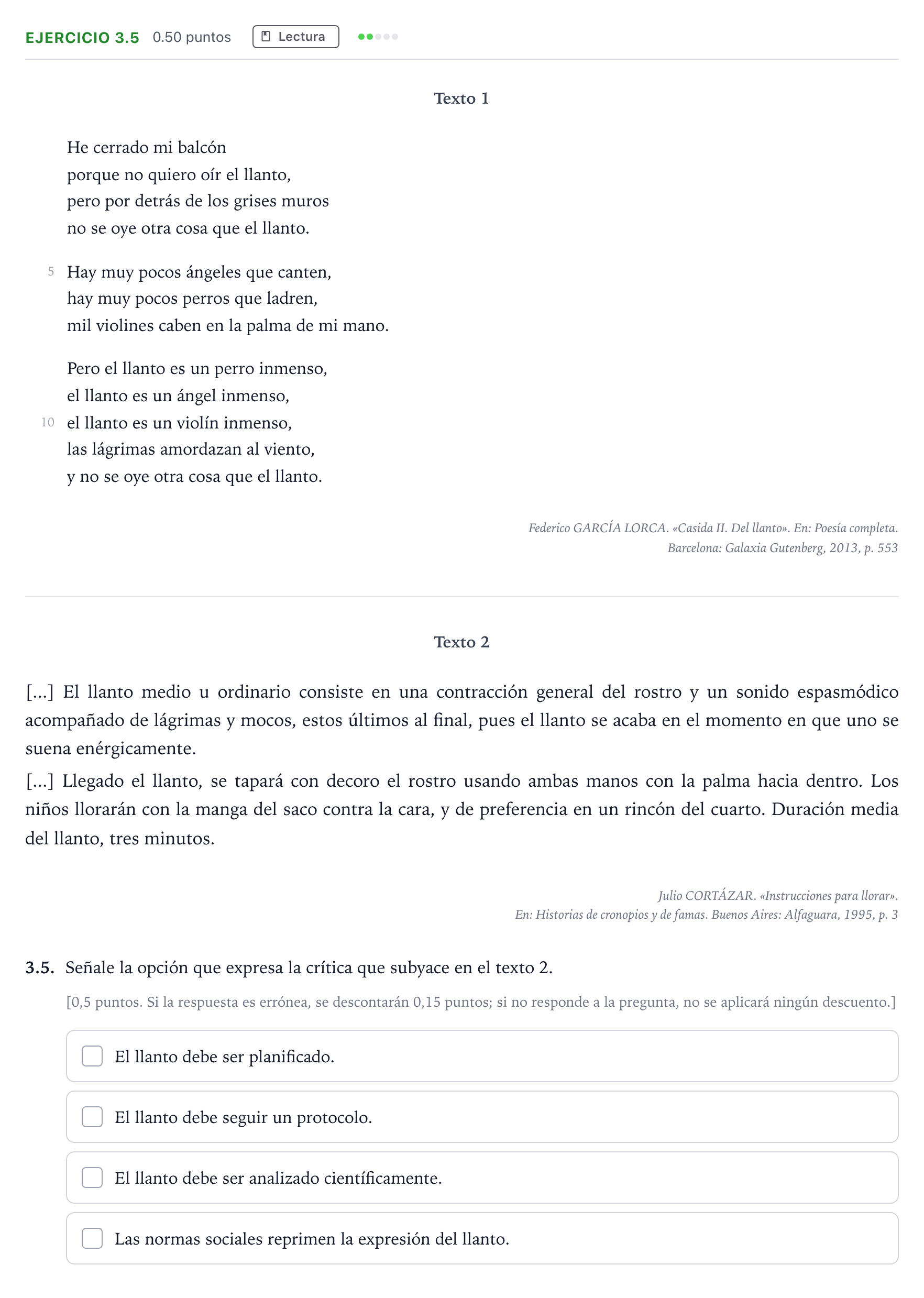 Enunciado: Ejercicio 3.5 · Lengua Castellana y Literatura II Selectividad Cataluña Setembre Serie 3 2025