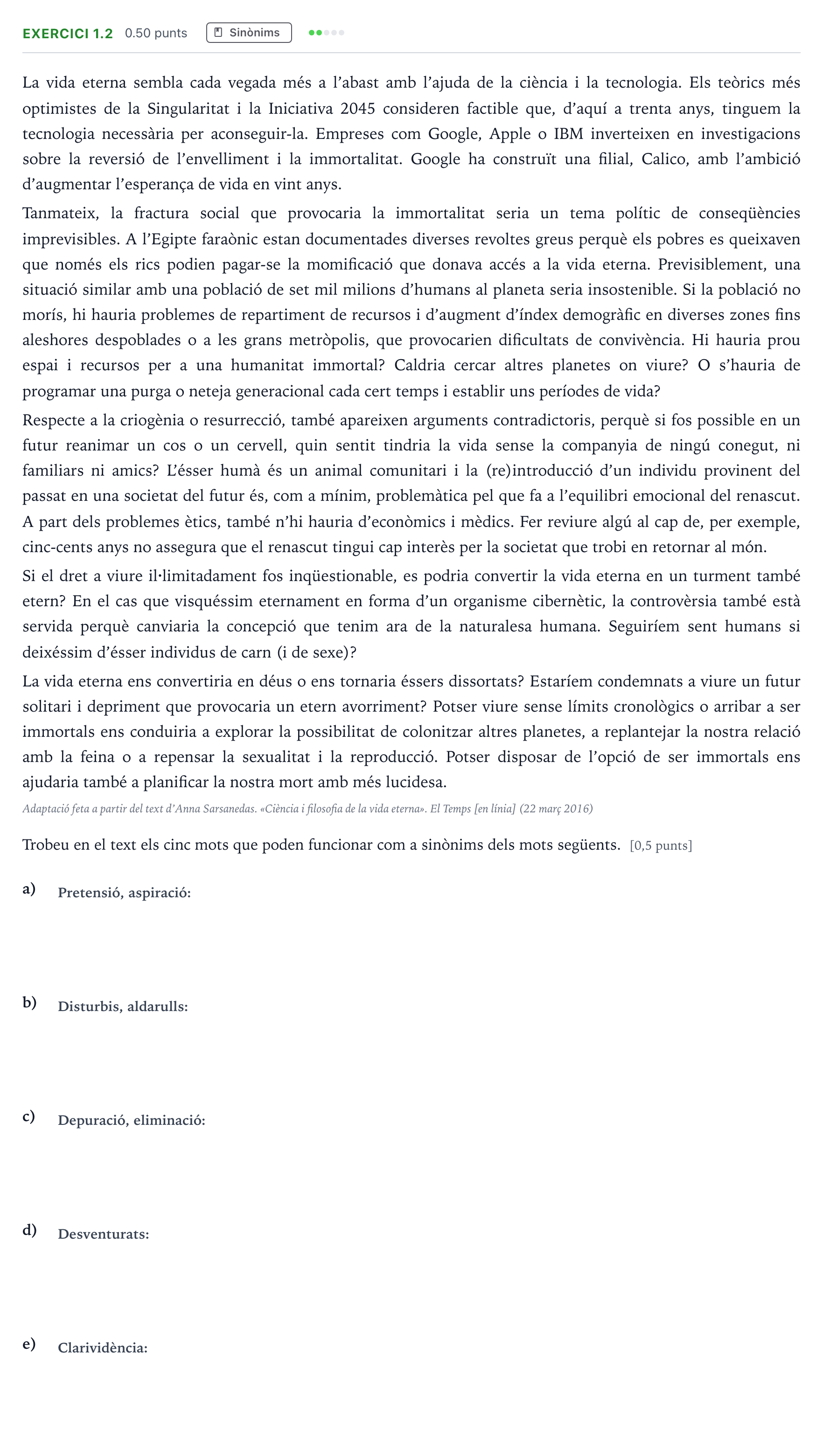 Enunciado: Ejercicio 1.2 - Sinònims · Lengua Catalana y Literatura II Selectividad Cataluña Juny Serie 4 2025
