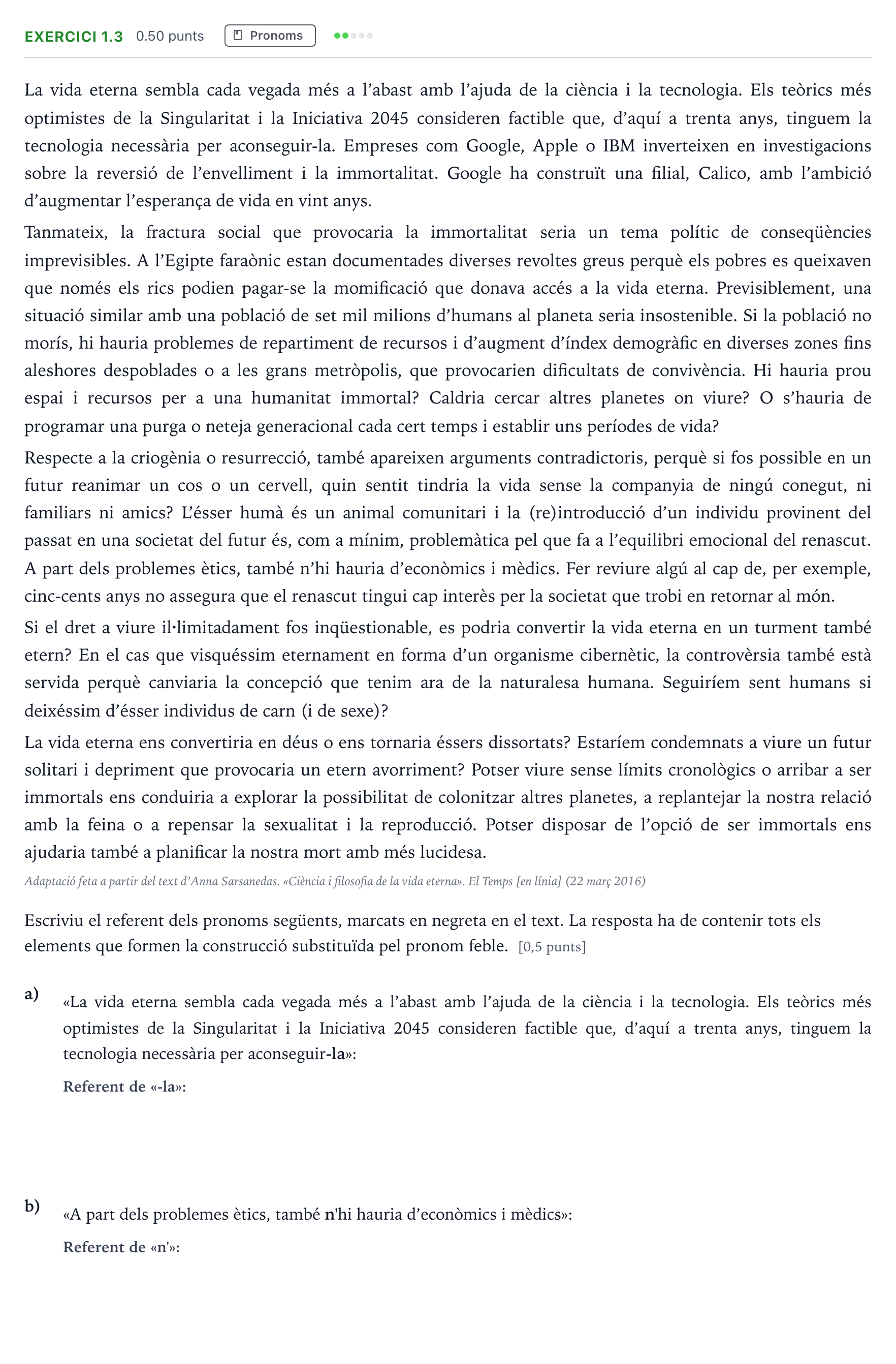 Enunciado: Ejercicio 1.3 - Pronoms · Lengua Catalana y Literatura II Selectividad Cataluña Juny Serie 4 2025