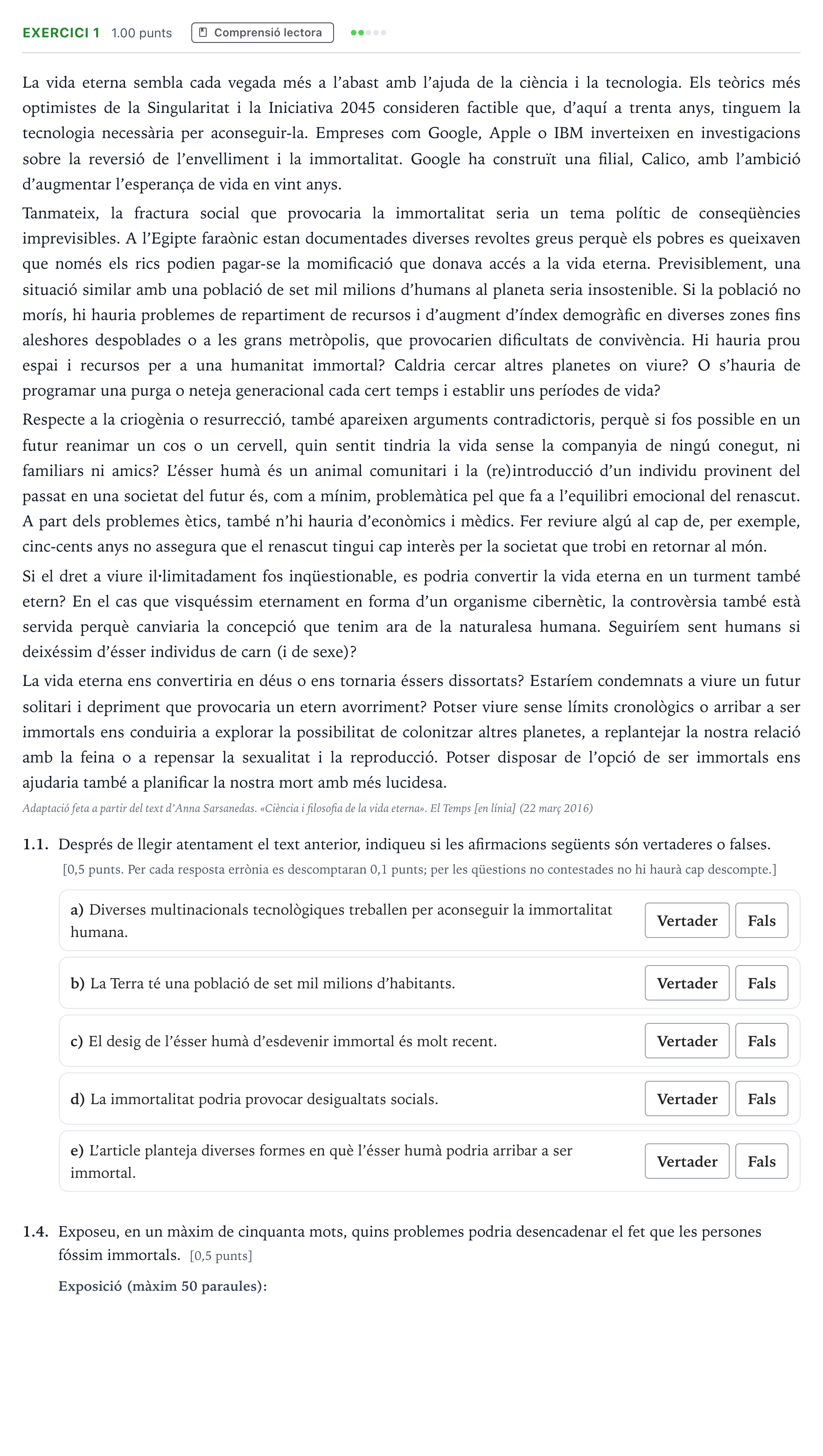 Enunciado: Ejercicio 1 - Comprensió lectora · Lengua Catalana y Literatura II Selectividad Cataluña Juny Serie 4 2025