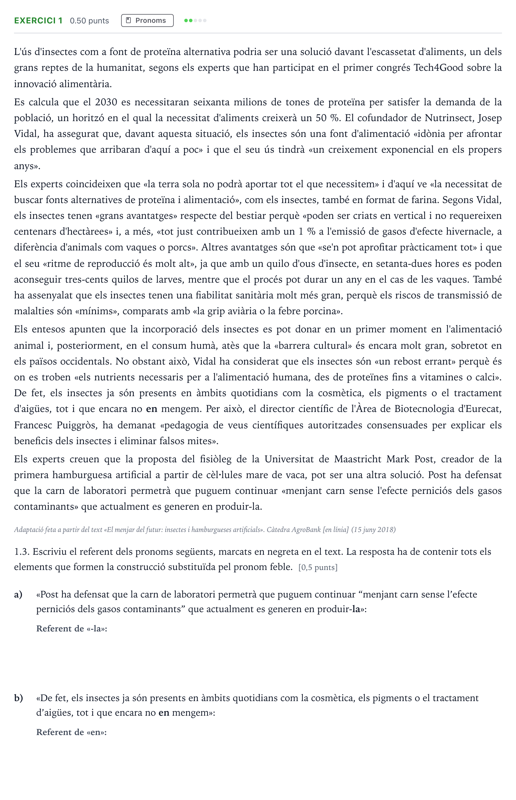 Enunciado: Ejercicio 1 - Pronoms · Lengua Catalana y Literatura II Selectividad Cataluña Setembre Serie 3 2025