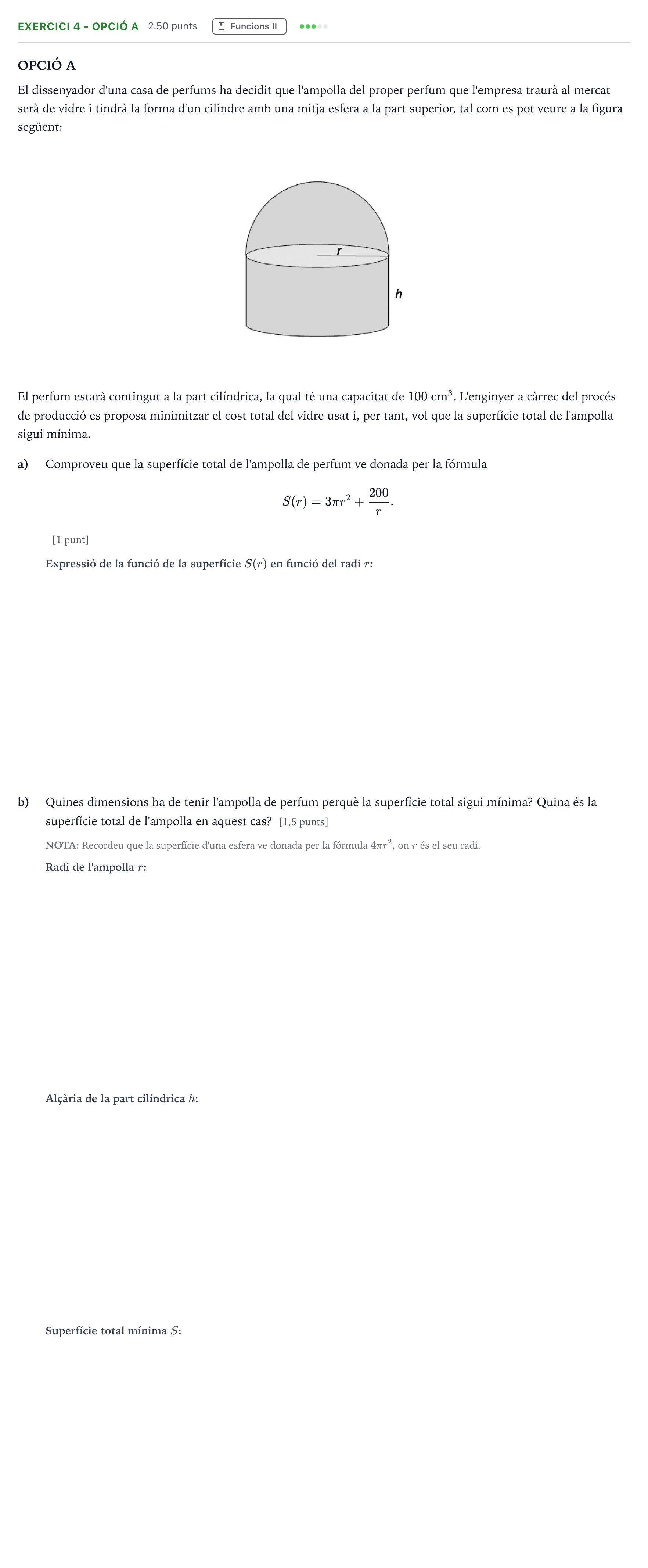 Enunciado: Exercici 4 - Opció A · Matemáticas II Selectividad Cataluña Juny Serie 4 2025