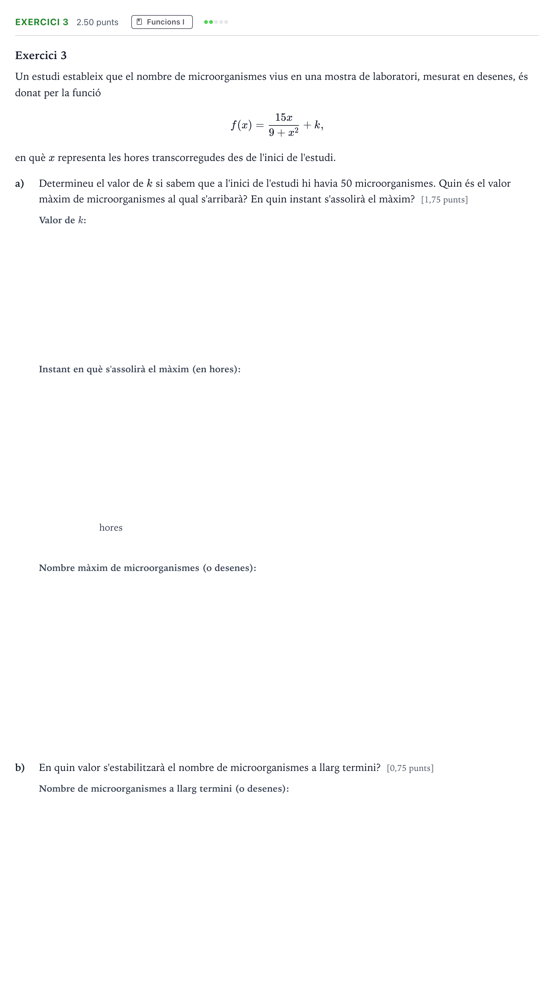 Enunciado: Exercici 3 · Matemáticas aplicadas a las Ciencias Sociales II Selectividad Cataluña Juny Serie 4 2025