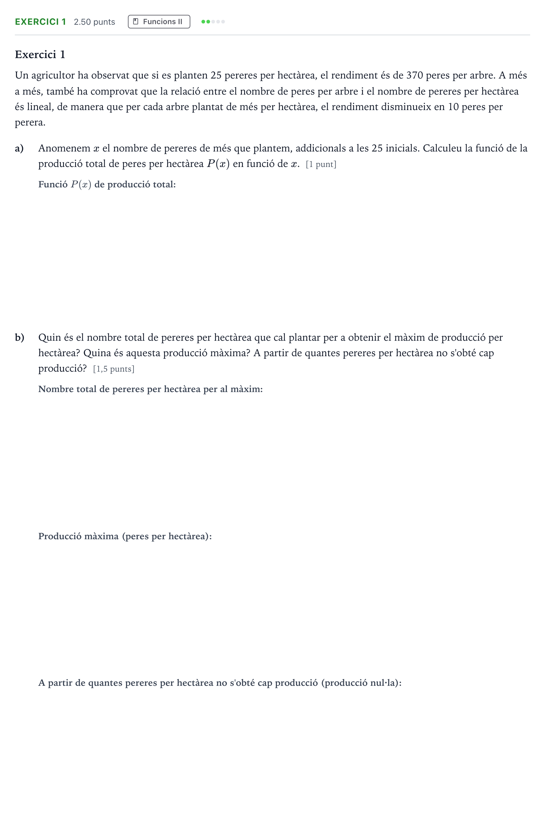 Enunciado: Exercici 1 · Matemáticas aplicadas a las Ciencias Sociales II Selectividad Cataluña Setembre Serie 3 2025