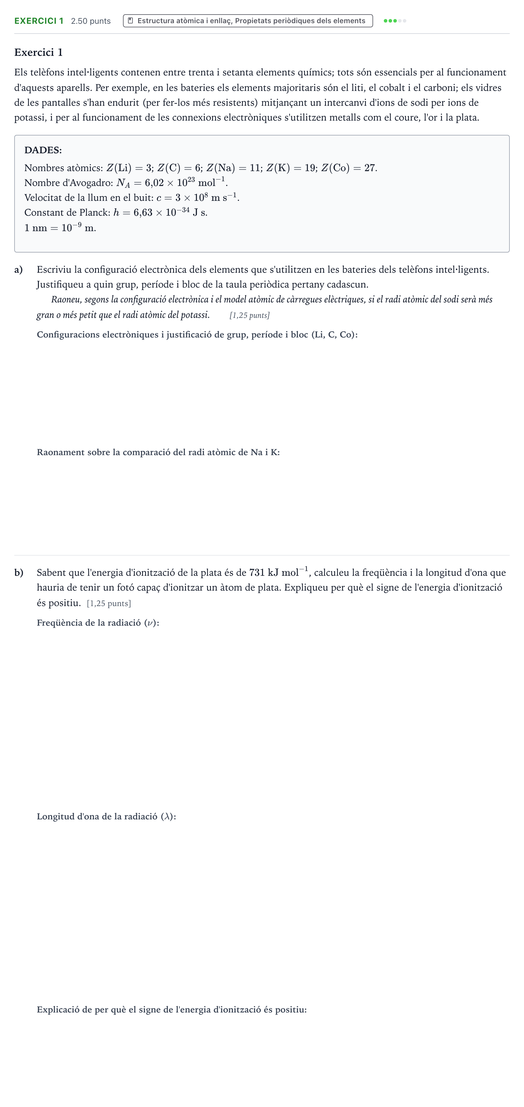 Enunciado: Exercici 1 · Química Selectividad Cataluña Juny Serie 4 2025
