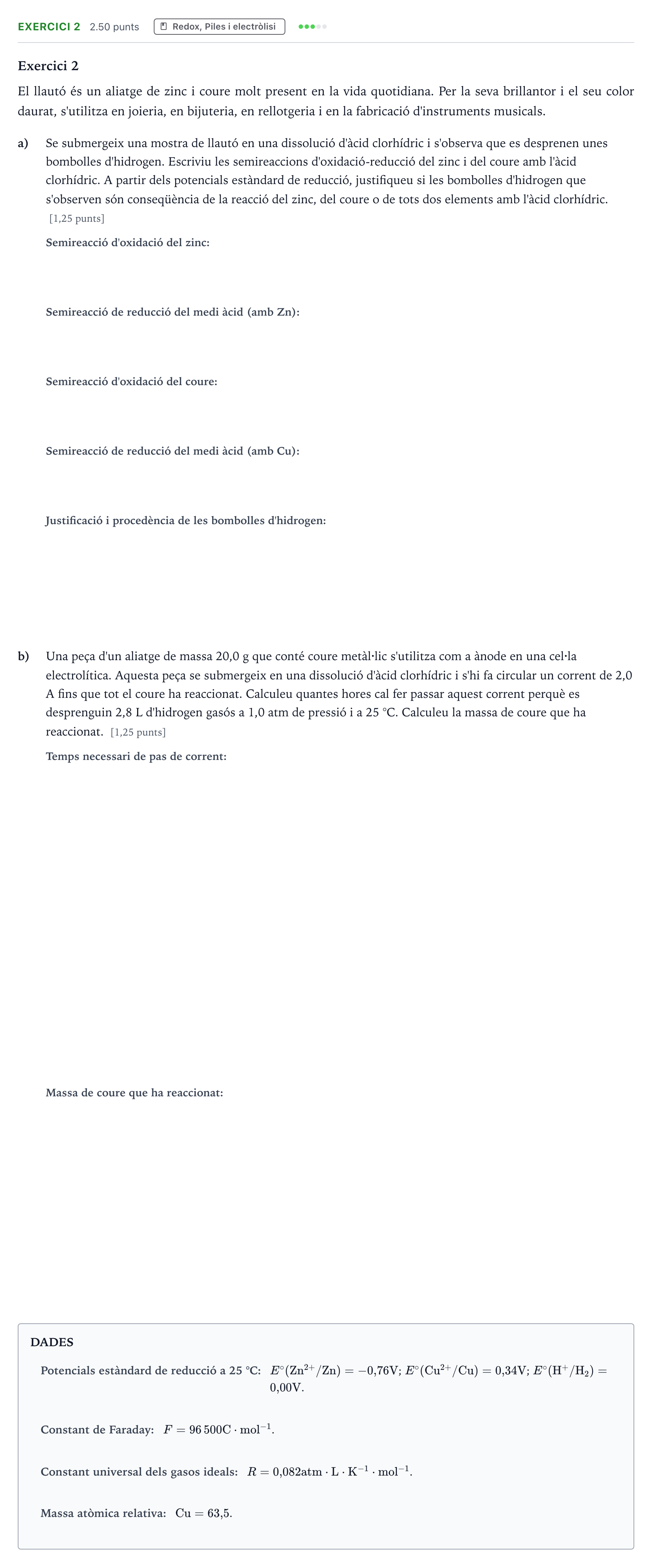 Enunciado: Exercici 2 · Química Selectividad Cataluña Juny Serie 4 2025
