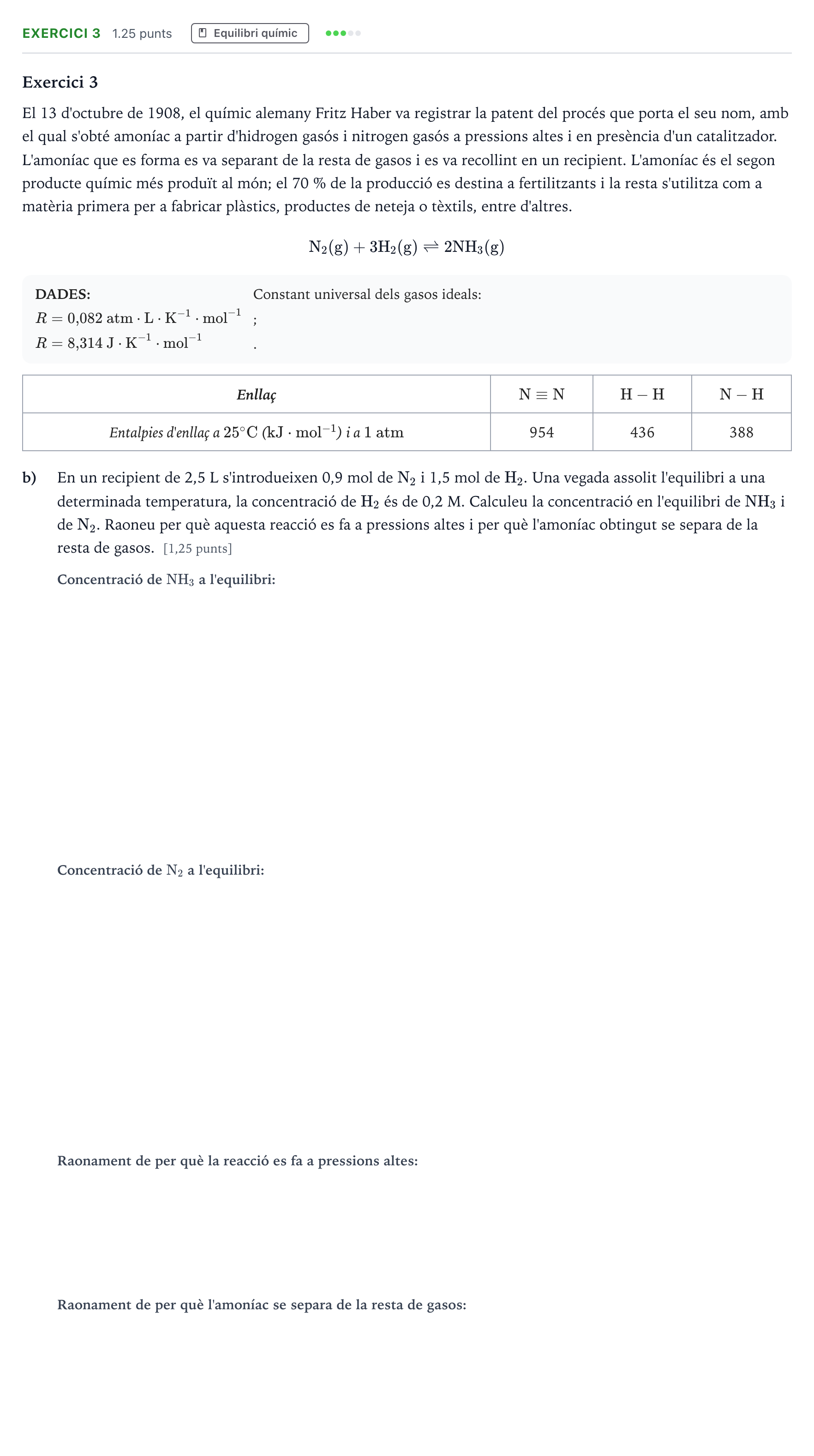 Enunciado: Exercici 3 - Equilibri químic · Química Selectividad Cataluña Juny Serie 4 2025
