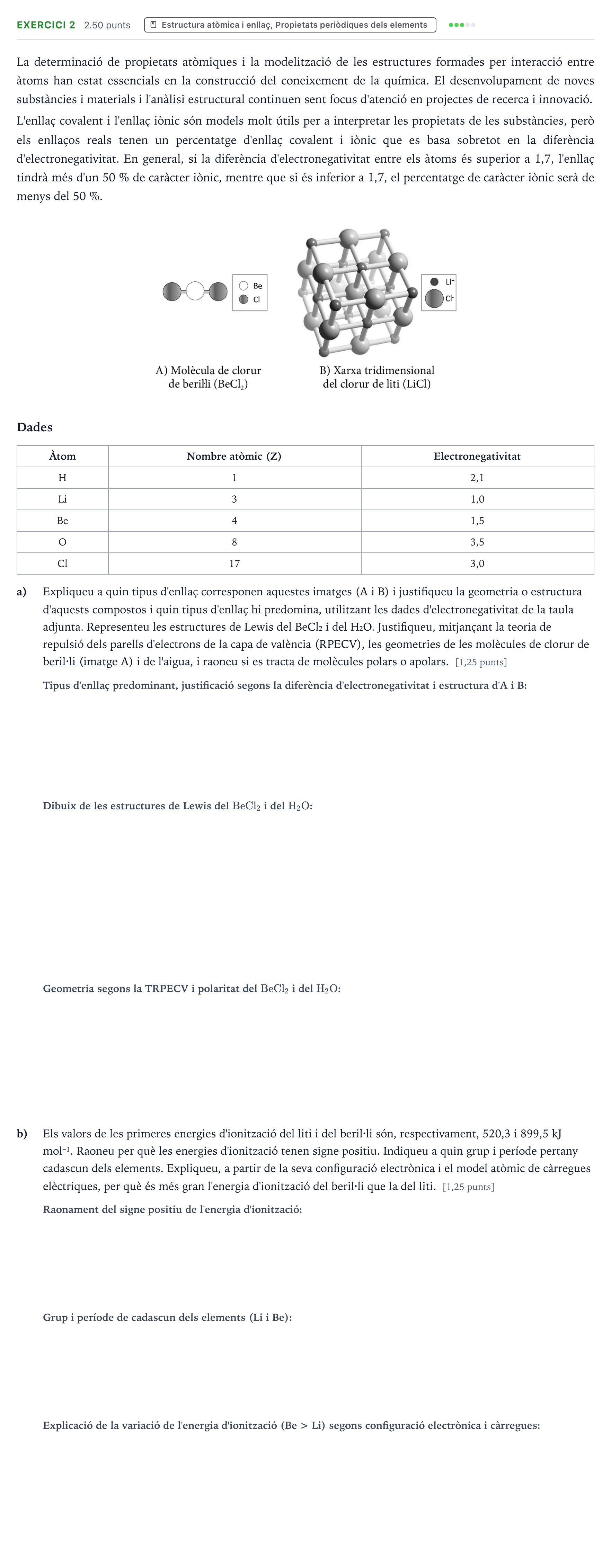 Enunciado: Exercici 2 · Química Selectividad Cataluña Setembre Serie 3 2025