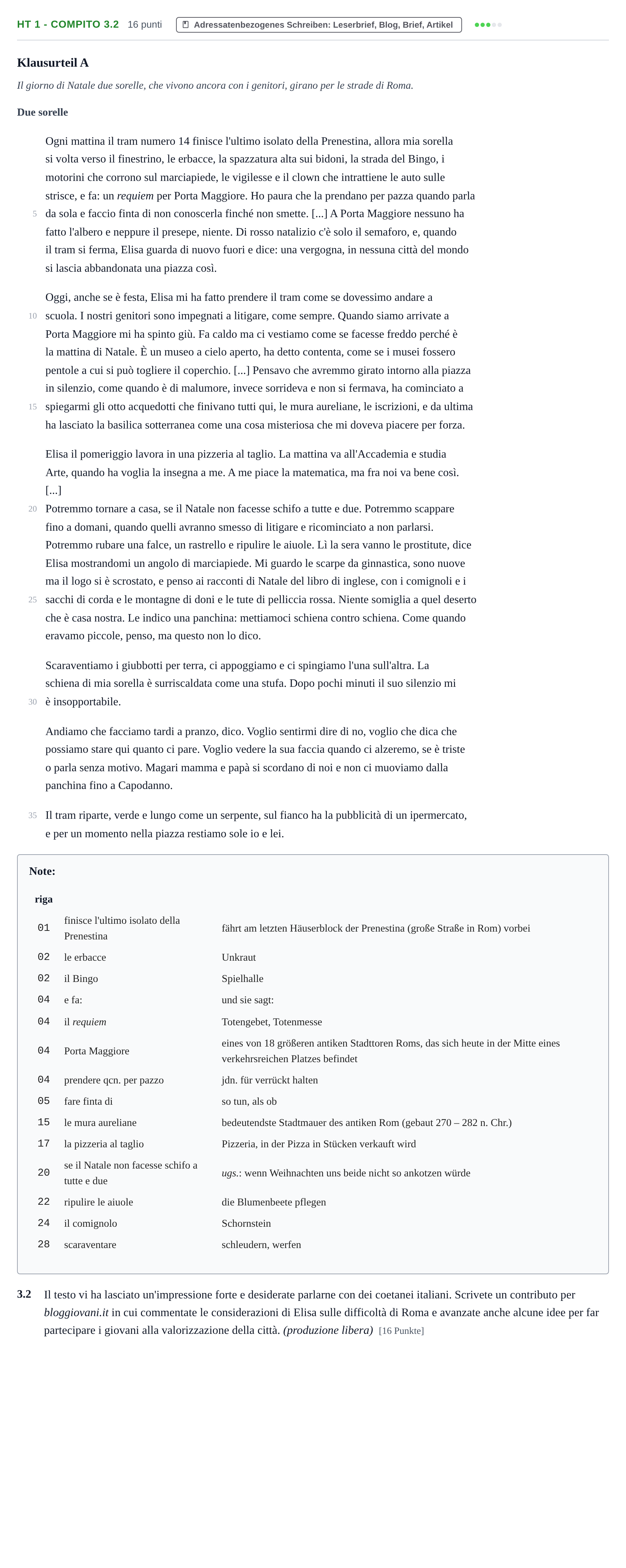 Aufgabenstellung: Aufgabe HT 1 - Compito 3.2 · Abitur NRW Italienisch GK · Haupttermin · neu einsetzend 2023