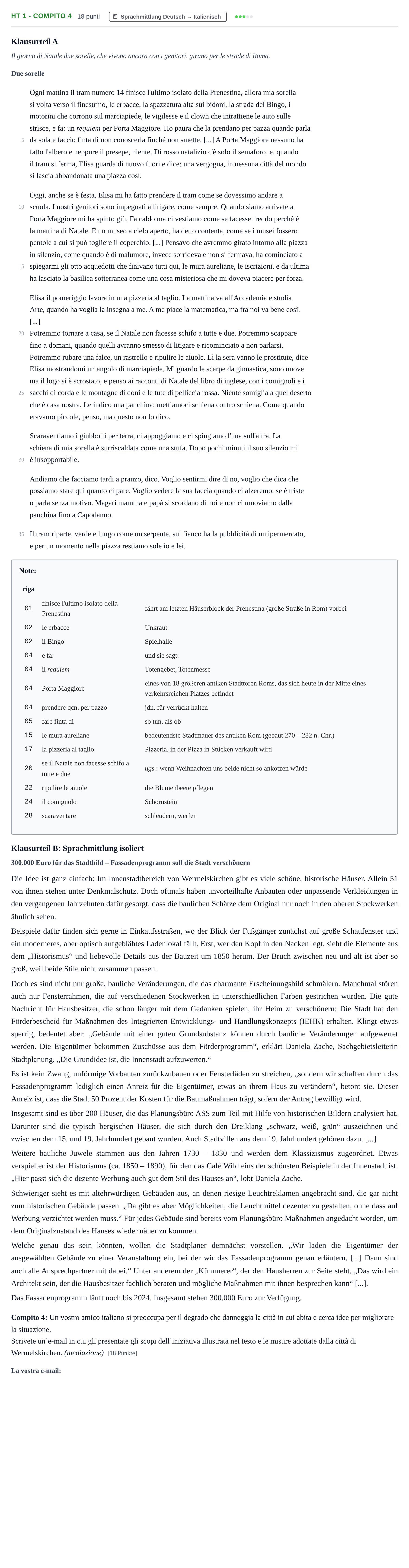Aufgabenstellung: Aufgabe HT 1 - Compito 4 · Abitur NRW Italienisch GK · Haupttermin · neu einsetzend 2023