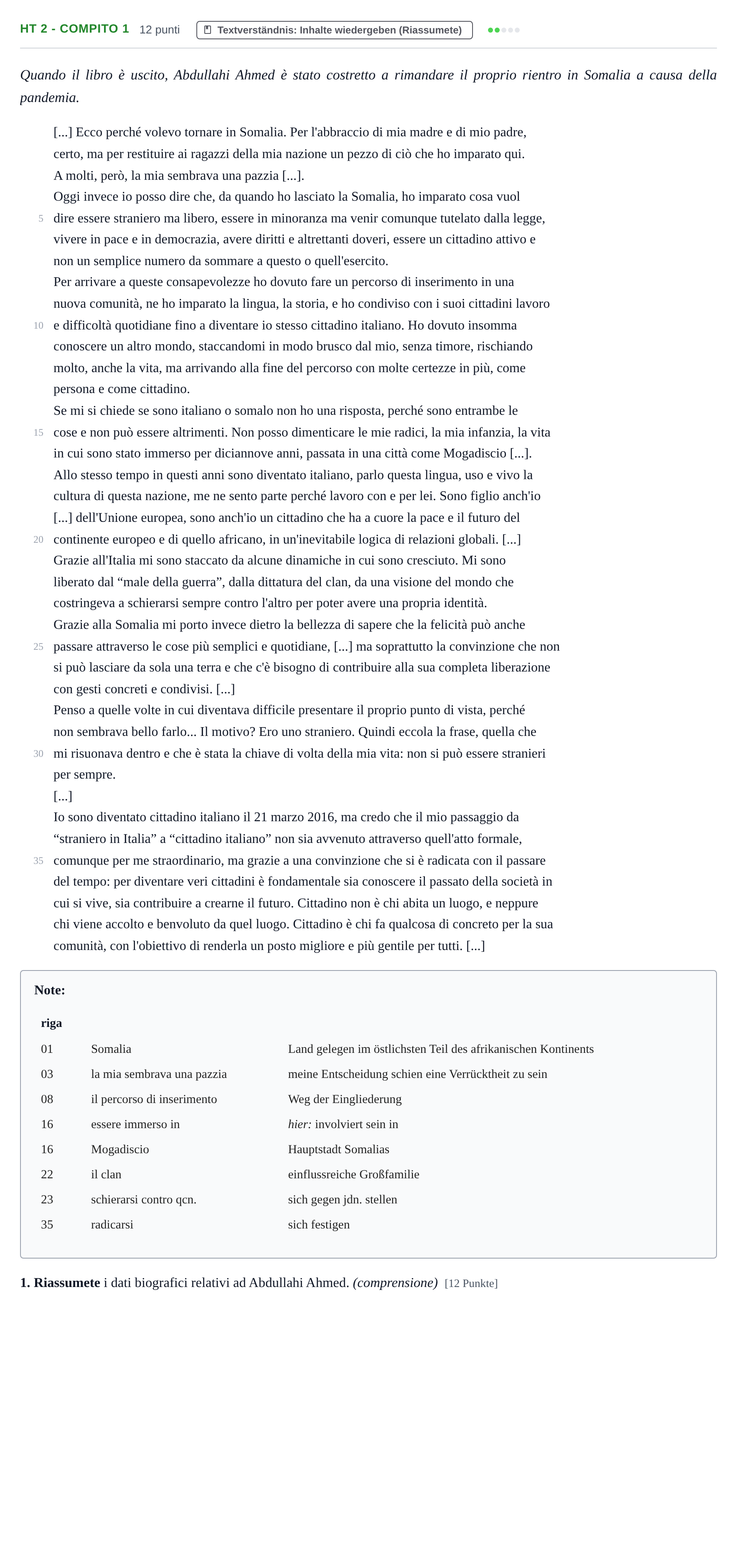 Aufgabenstellung: Aufgabe HT 2 - Compito 1 · Abitur NRW Italienisch GK · Haupttermin · neu einsetzend 2023