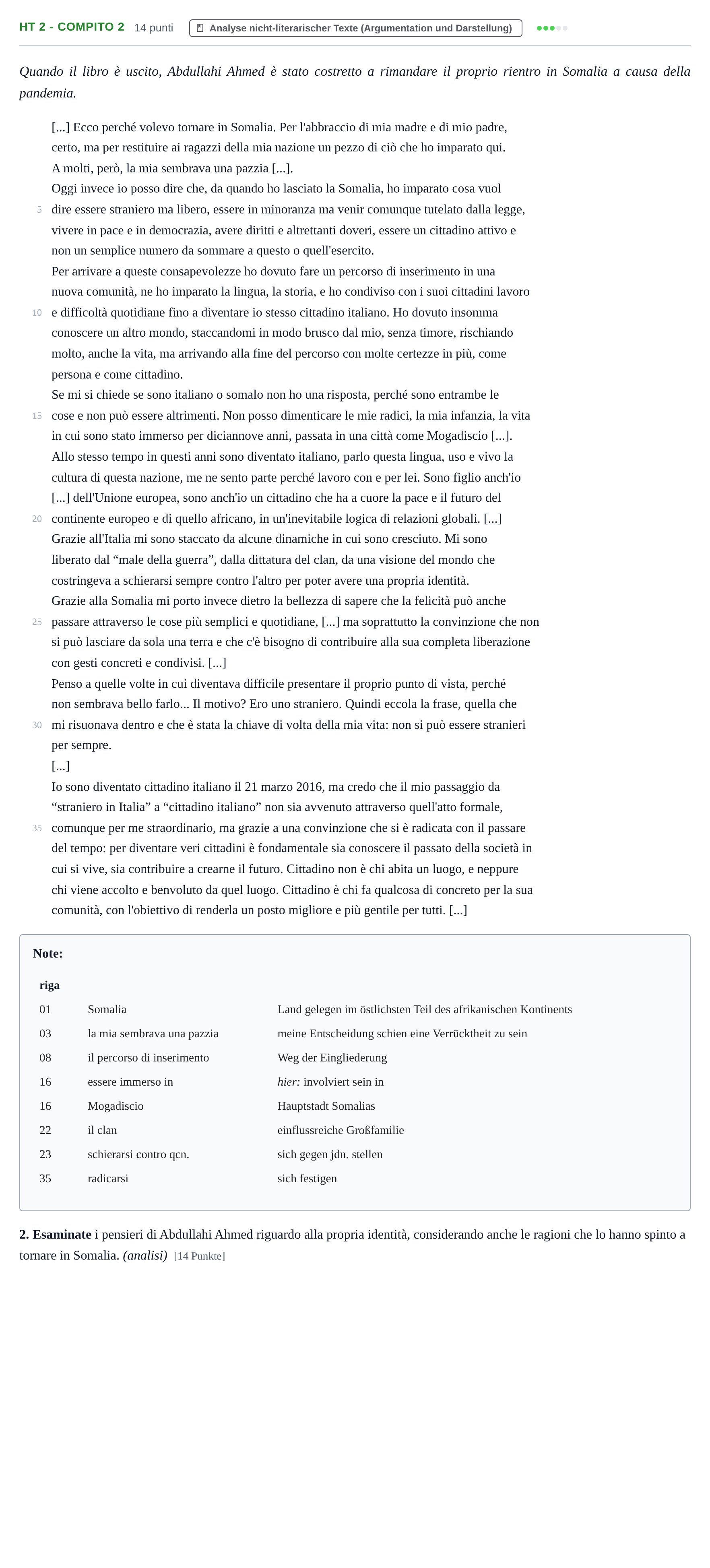 Aufgabenstellung: Aufgabe HT 2 - Compito 2 · Abitur NRW Italienisch GK · Haupttermin · neu einsetzend 2023